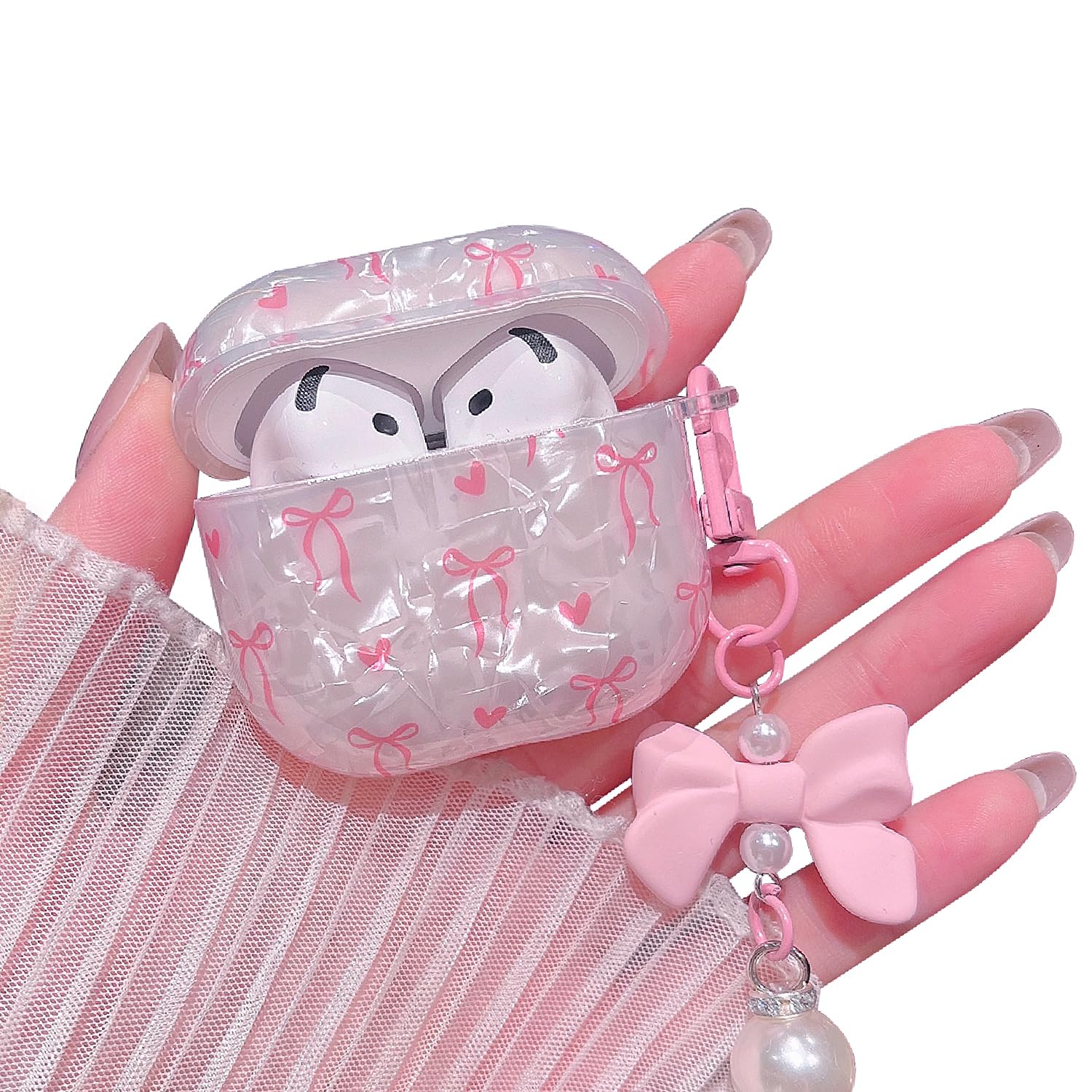 MINSCOSE for Cute Glitter AirPods 4 Case,Shell Pattern Bow Ribbon Trendy Design with Bowknot Pearl Keychain,Protective Shockproof Cover for Apple Airpods iPod 4th Generation for Women Girl-Pink