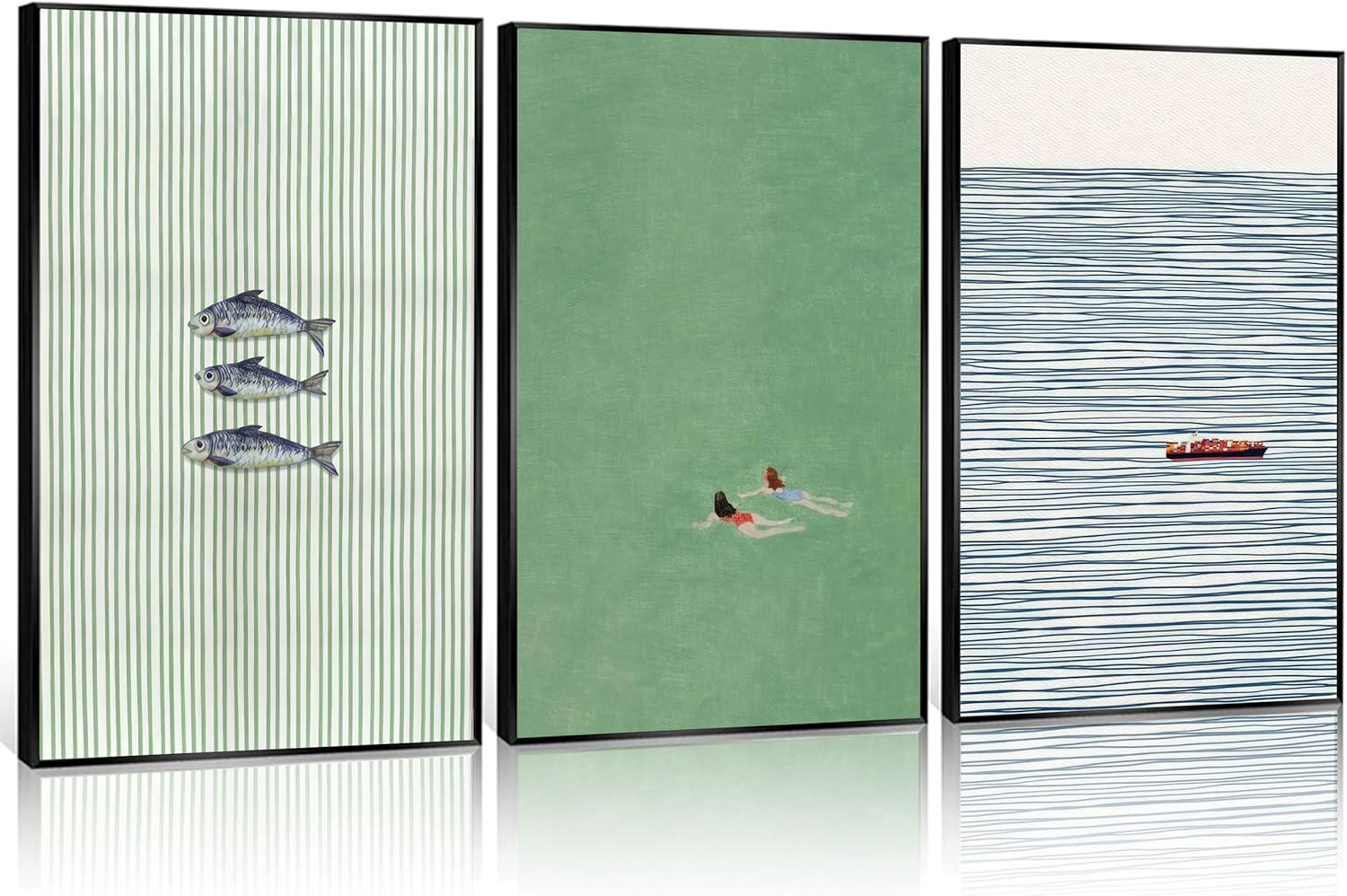 Coastal Canvas Wall Art Preppy Aesthetic Ocean Sardines Wall Decor Summer Tropical Nautical Simplicity Pictures, Two Girls Swimming Poster Print Artwork for Dorm, Girl Room Scene Home Decoration