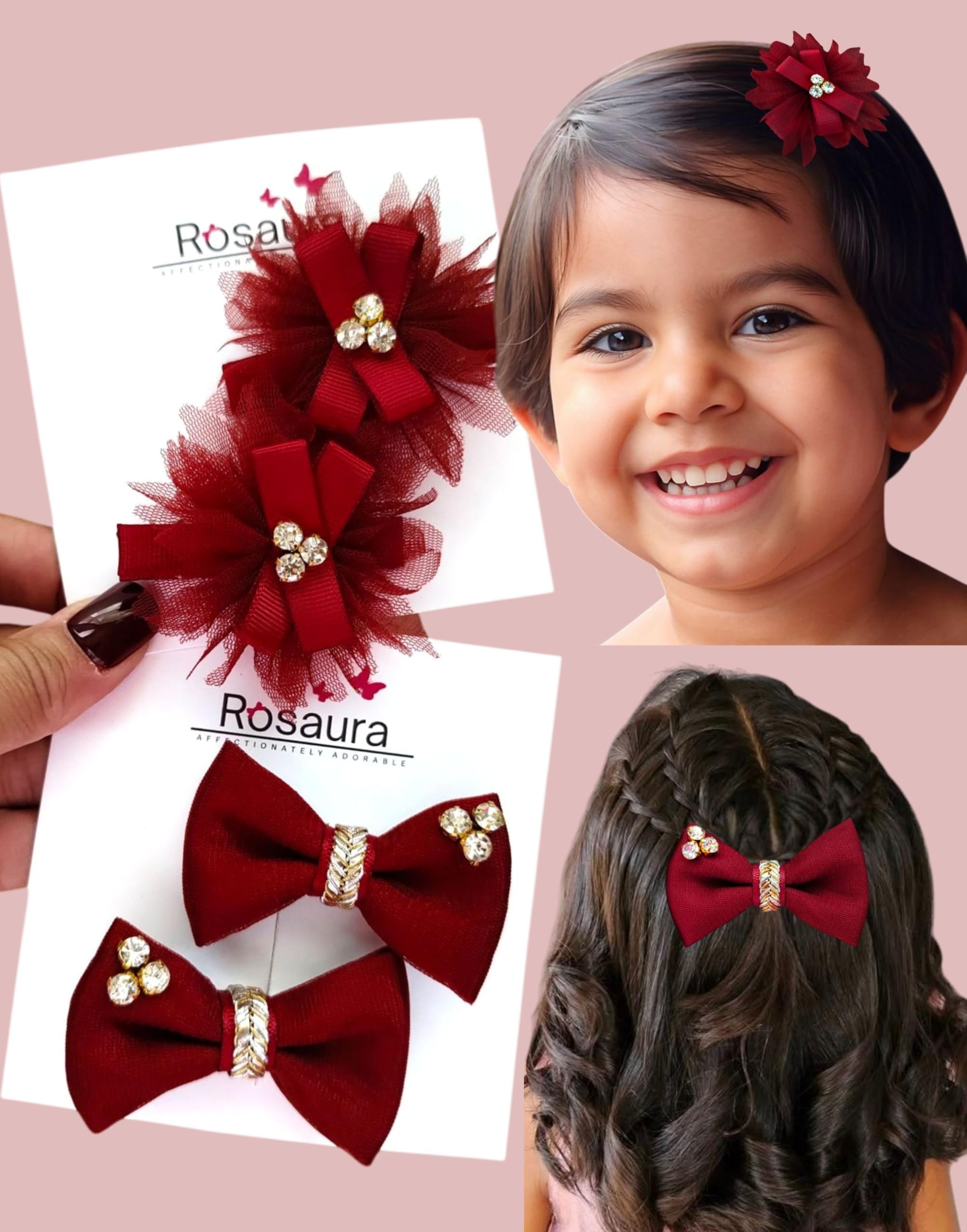 Rosaura (4Pcs) Fancy Maroon Colour Hair Bows Clip Set For Girls, Hair Bow Clip Combo, Floral Hair Clips For Girl Kids, Handmade Hair Accessories For Kids Girls, Infant, Girls, teens (Maroon-1)-image-24