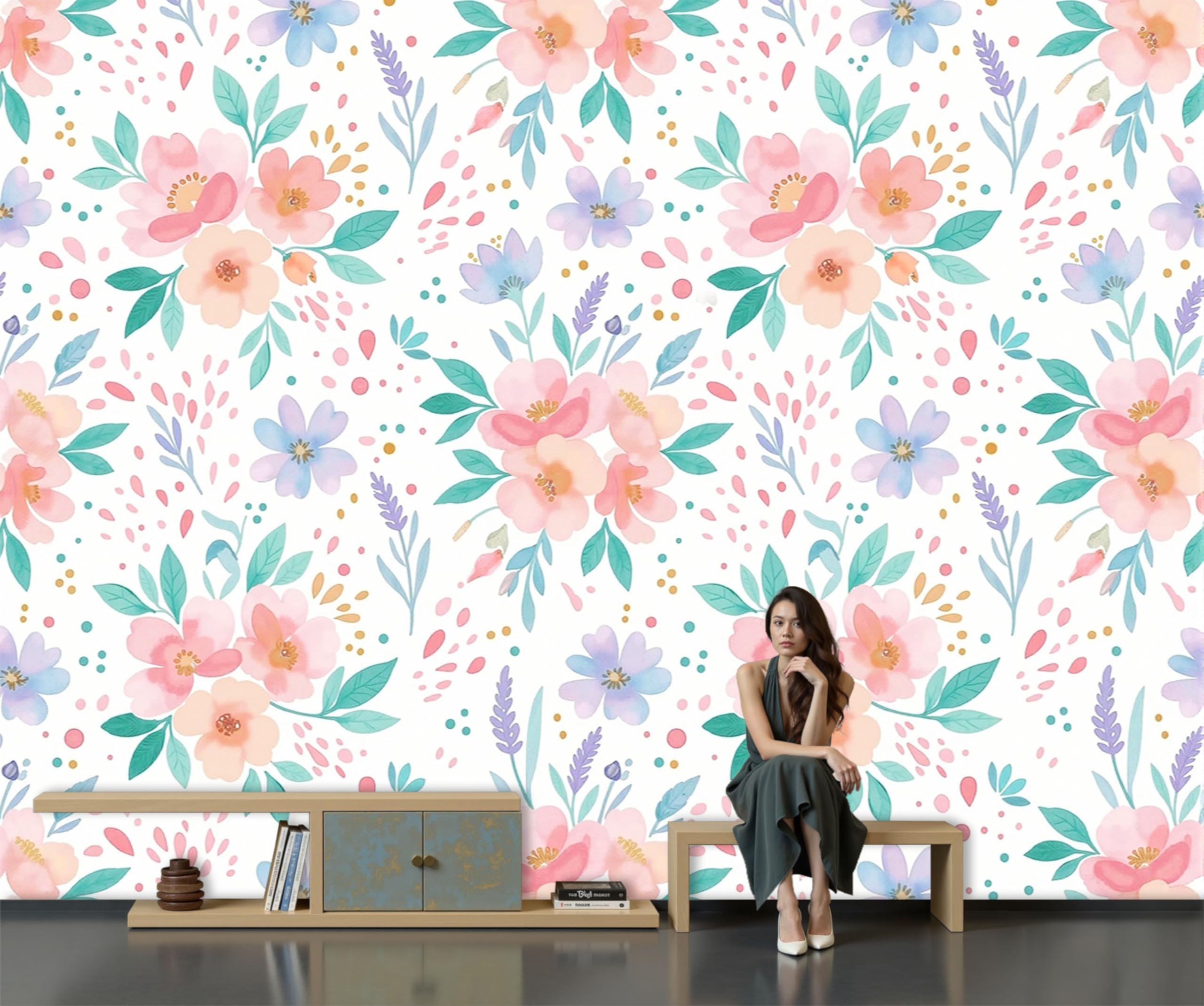 Papier peint fleurs aquarelle 3D poster mural format XXL salon