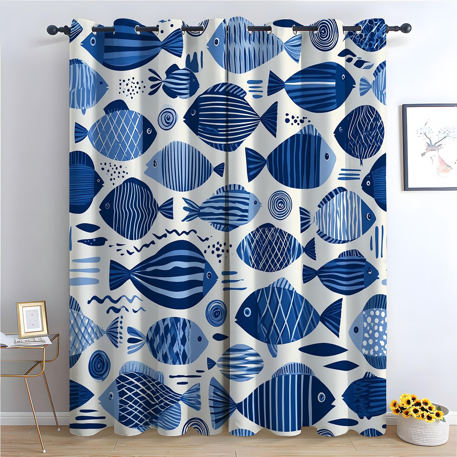 TERUEA Floral Blackout Curtains for Living Room Bedroom Navy striped ocean fish doodle Curtains Mildew Resistant,-52" W x 120" L (Pack of 2)