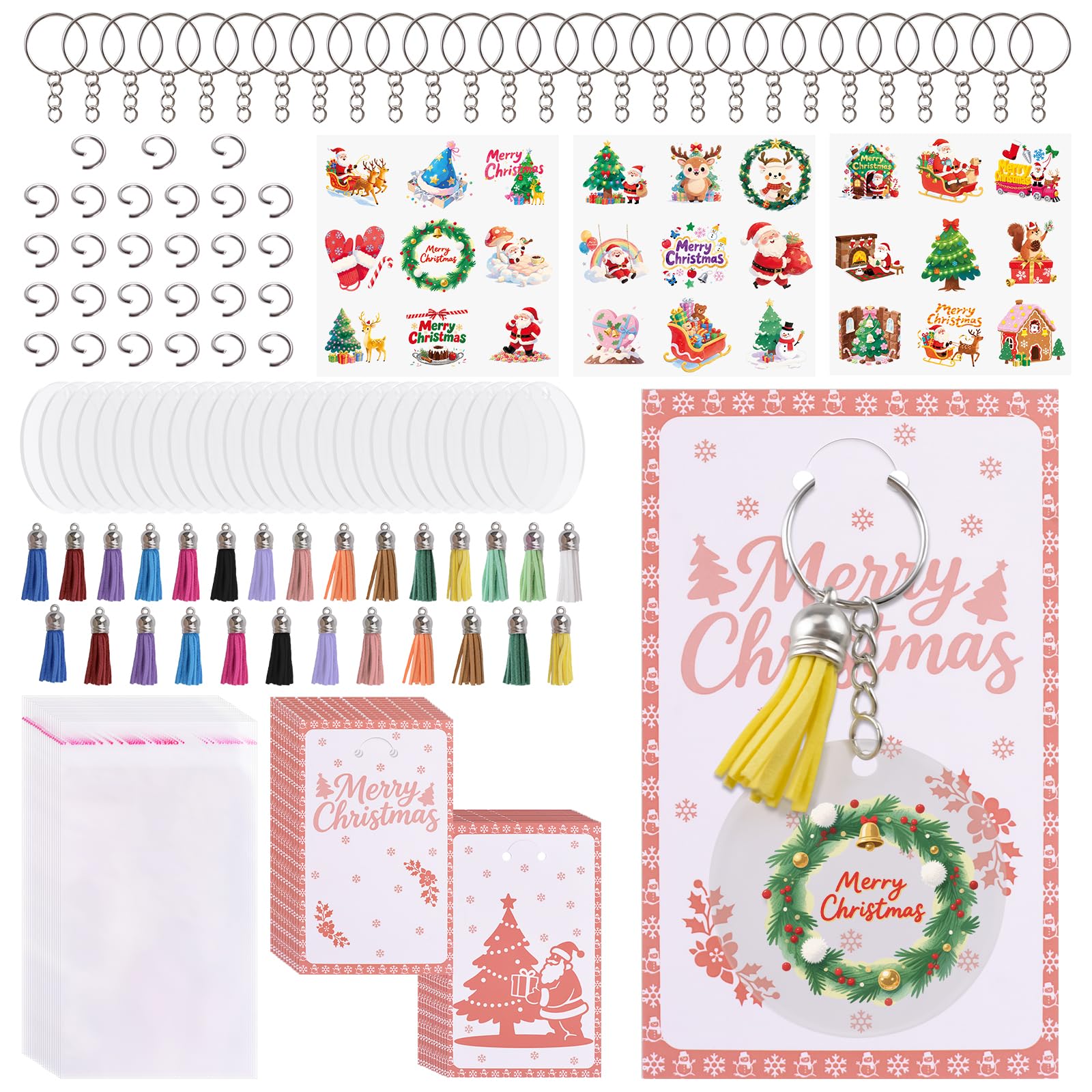 WANDIC 27 Pcs Acrylic Keyring Making Kit, Christmas UV DTF Stickers, Christmas Display Cards