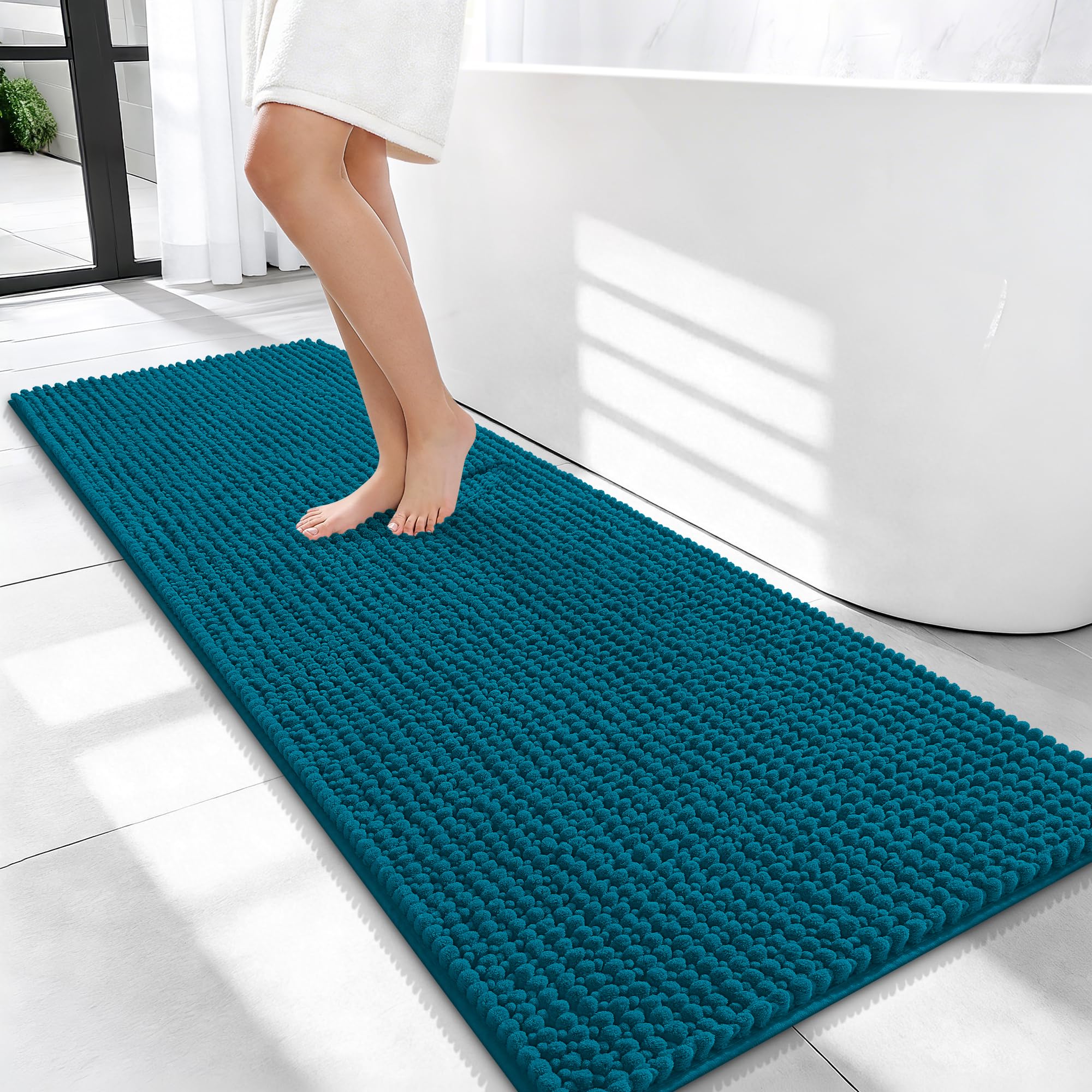 OLANLY Thick Chenille Bathroom Runner Rugs Mats 47x20, Peacock Blue
