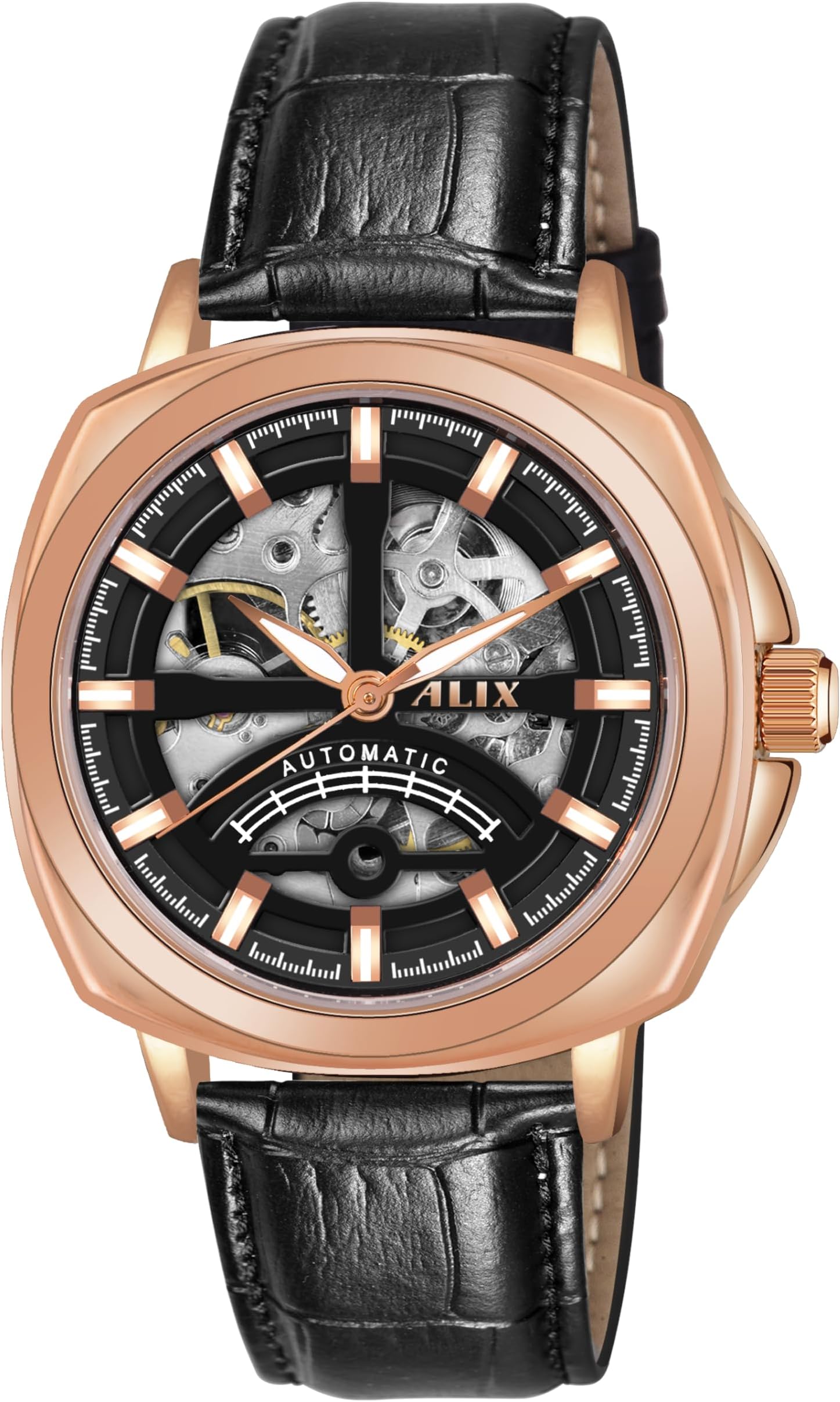 AL2511 Automatic Mechanical Watch for Men Genuine Leather Strap Skeleton Dial Analog Watch