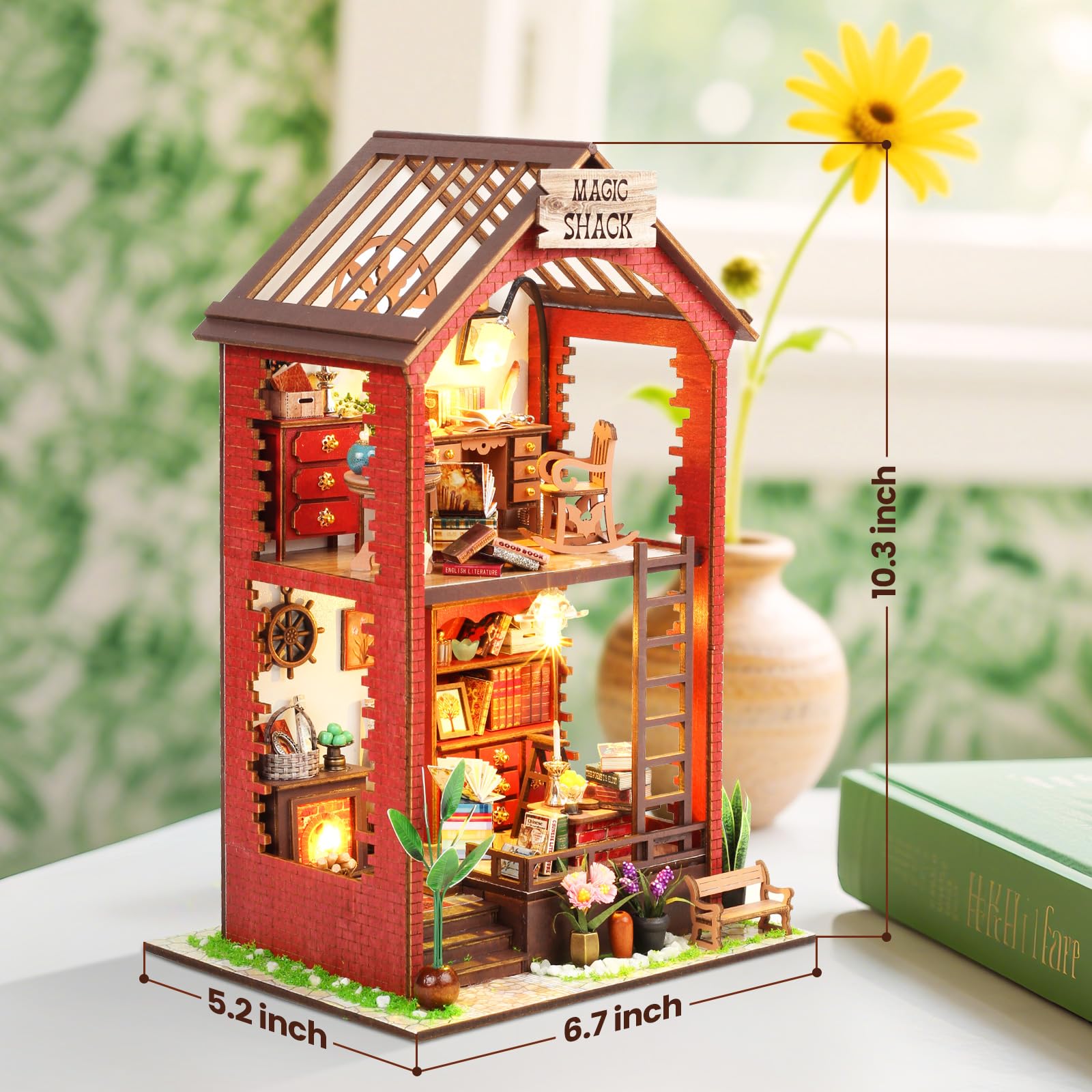 shrike Book Nook- Kit casa delle bambole in miniatura in legno, puzzle 3D con mobili e illuminazione a LED, giocattoli educativi e accessori - 14+ Ragazze e ragazzi