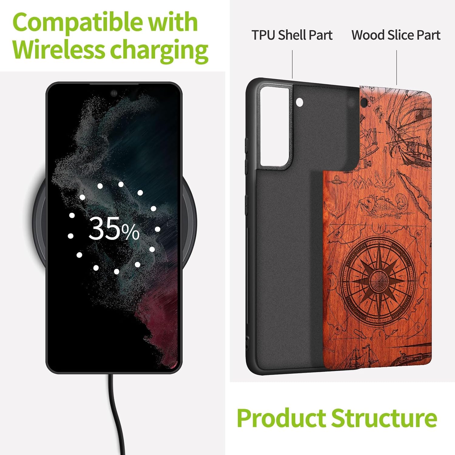 Carveit Wood Case for Galaxy S21 Case [Natural Wood & Black Soft TPU] Shockproof Hybrid Protective Unique Wooden Cover Compatible with Samsung S21 (Vintage Pirate Compass-Rosy)