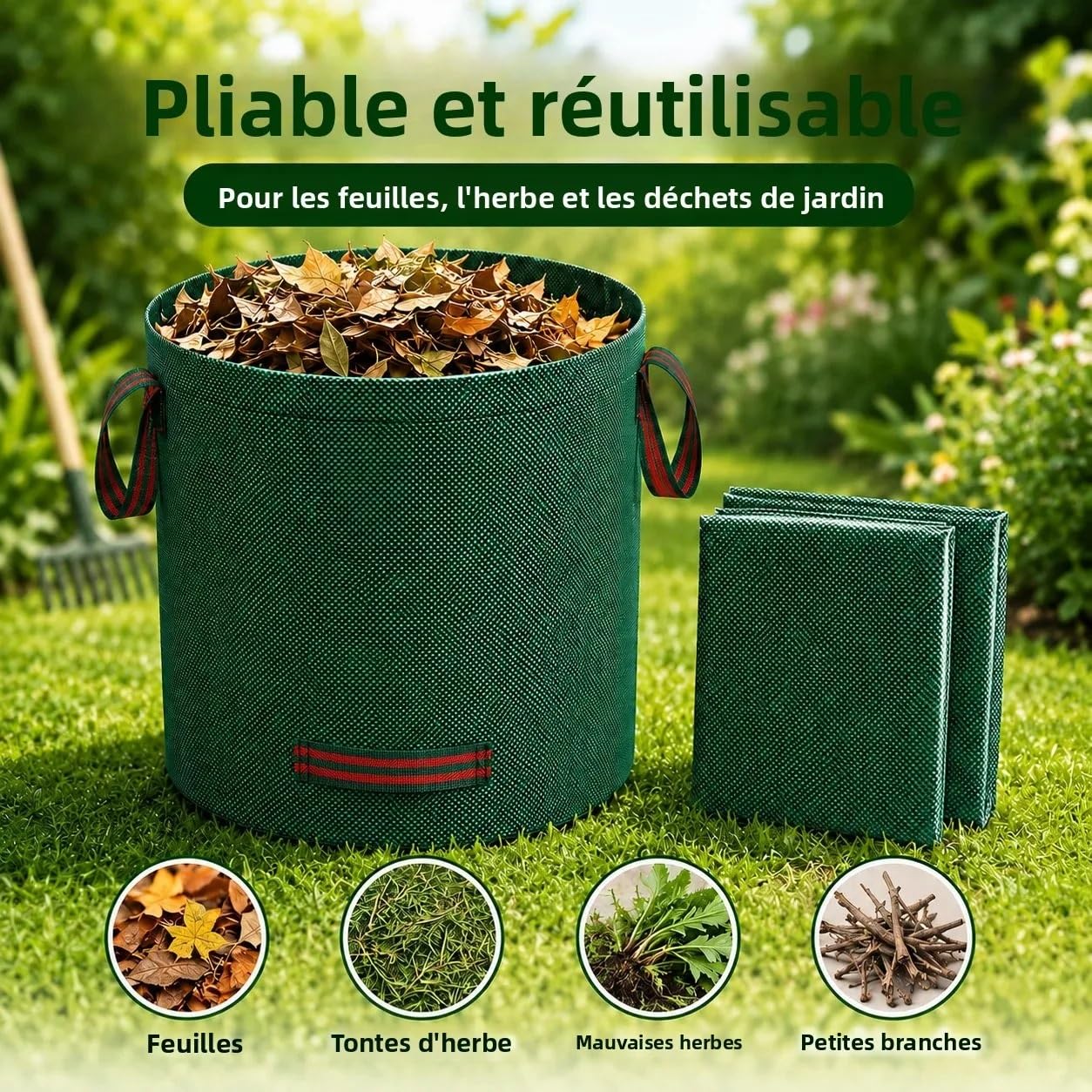 Sac à feuilles de jardin, grande capacité, réutilisable, tissé en PP, déchets pour d'herbe Sac jardin feuilles