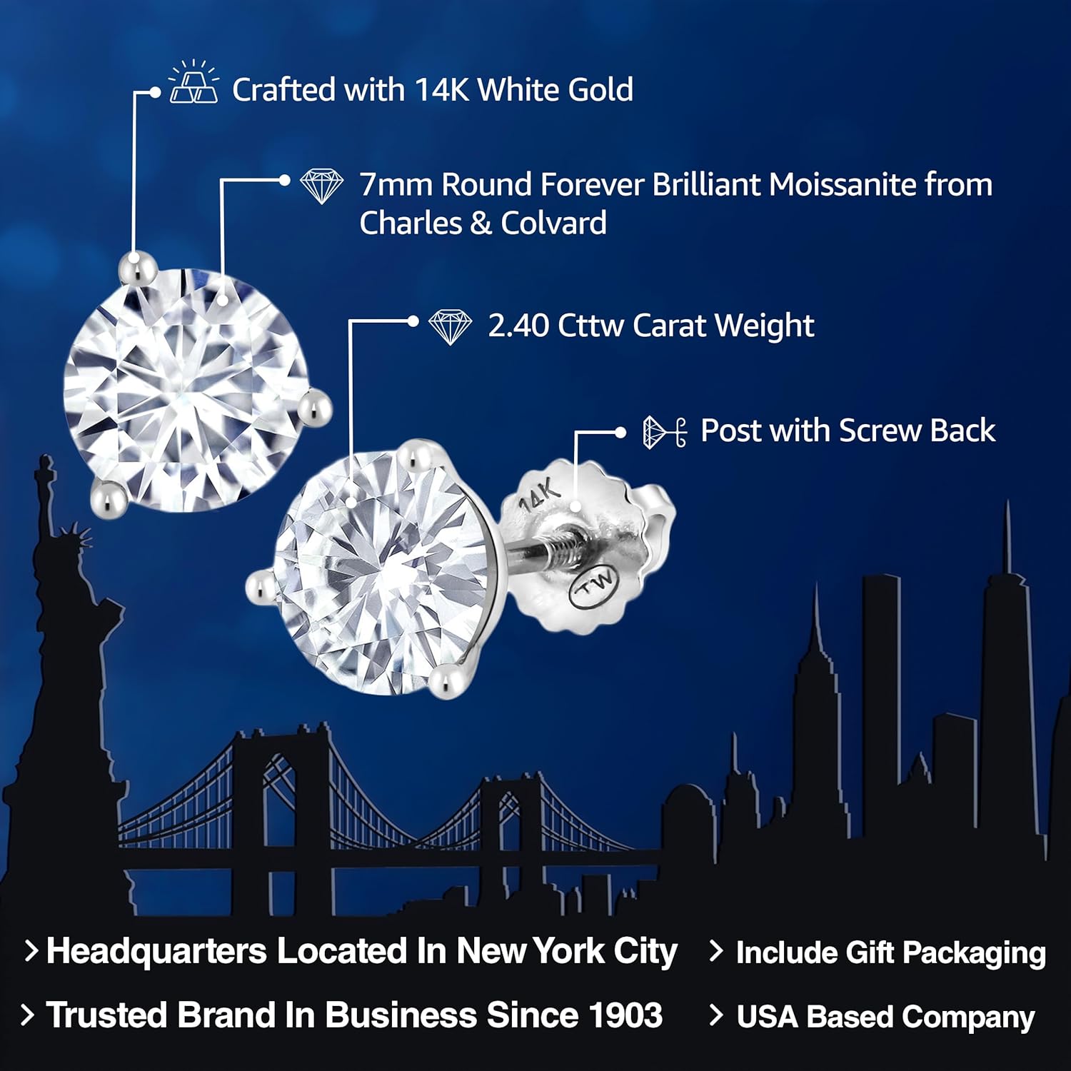 Gem Stone King 14K White Gold Moissanite Stud Earrings | 2.40 Cttw | Round 7MM | Gold Earring For Women Men - Image 2