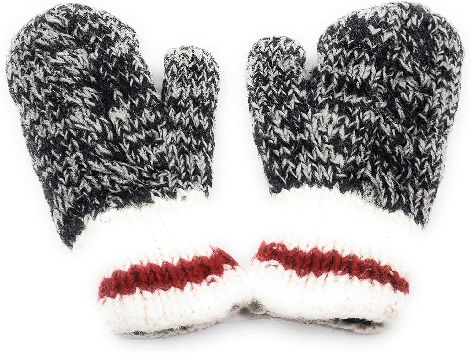 Hand Knit Wool Ear Flap Hat with Pompom + matching Fleece Lined Mittens Made in Nepal (Grey with Red Stripe)