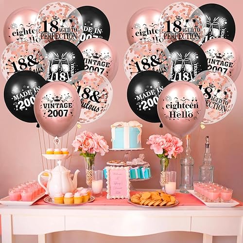 Miniatura 2 de Rumia Globos de 18 cumpleaños 18 piezas oro rosa y negro confeti globos vintage Sweet 18 globos para niñas de 12 pulgadas para suministros de fiesta