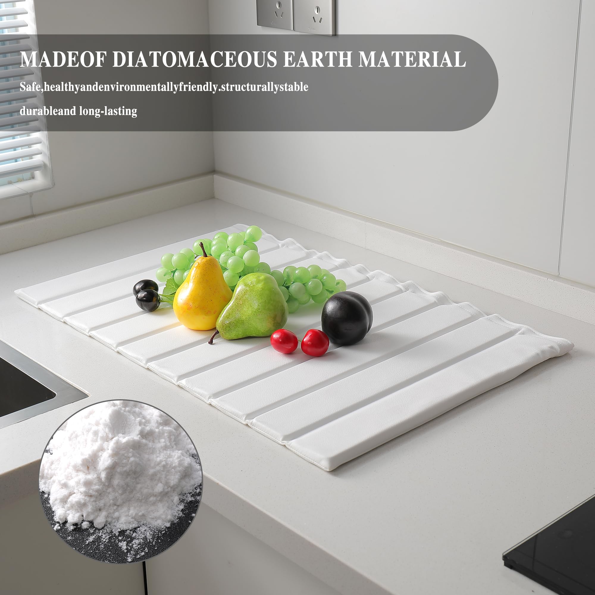 Tapis de séchage en pierre pour comptoir de cuisine, Tapis de séchage instantané egouttoir diatomite, tapis de séchage pliable et super absorbant pour Vaisselle et Tasses (Blanc B, 63*40cm)