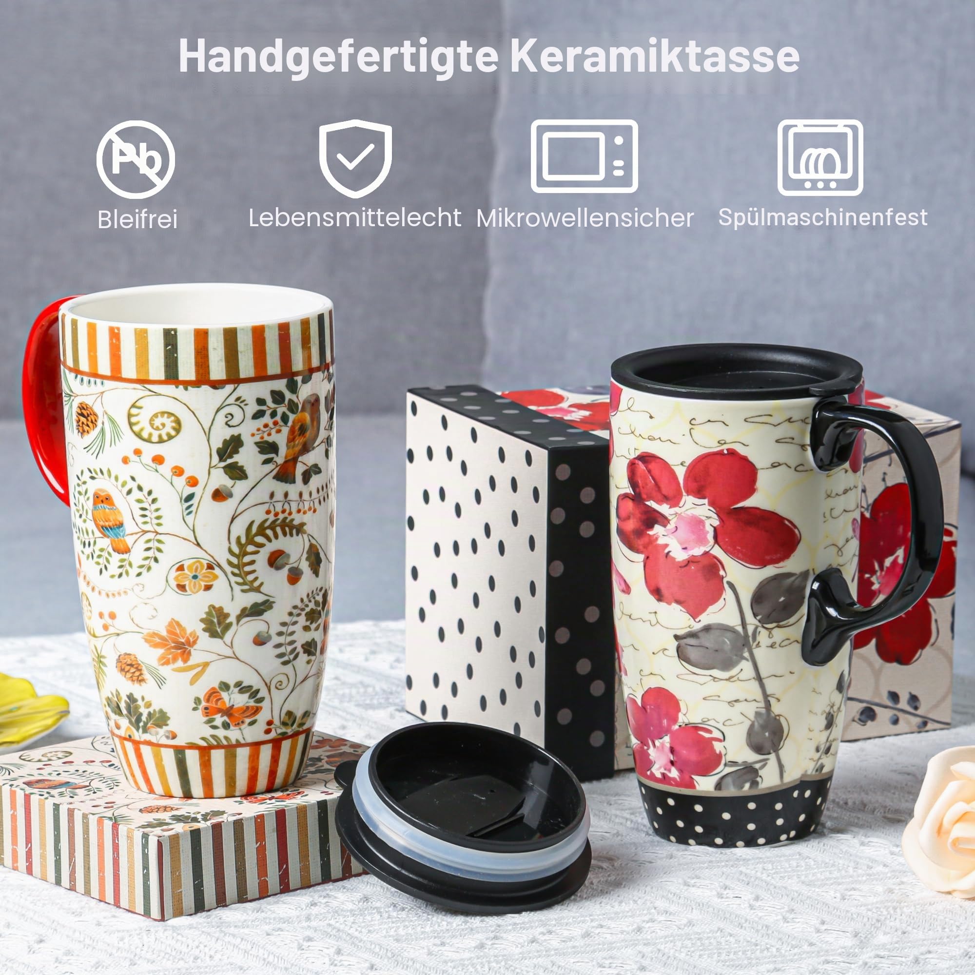 Topadorn Keramik 500ml set of 2 Große Teetasse Mikrowellengeeignet Spülmaschinenfest Nachhaltig Becher mit Deckel Muttertag Geschenk
