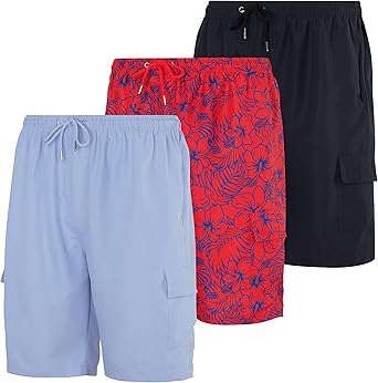 Real Essentials 3 Pack: Men's Swim Trunks with Cargo Pockets & Mesh Lining (Available in Big & Tall)