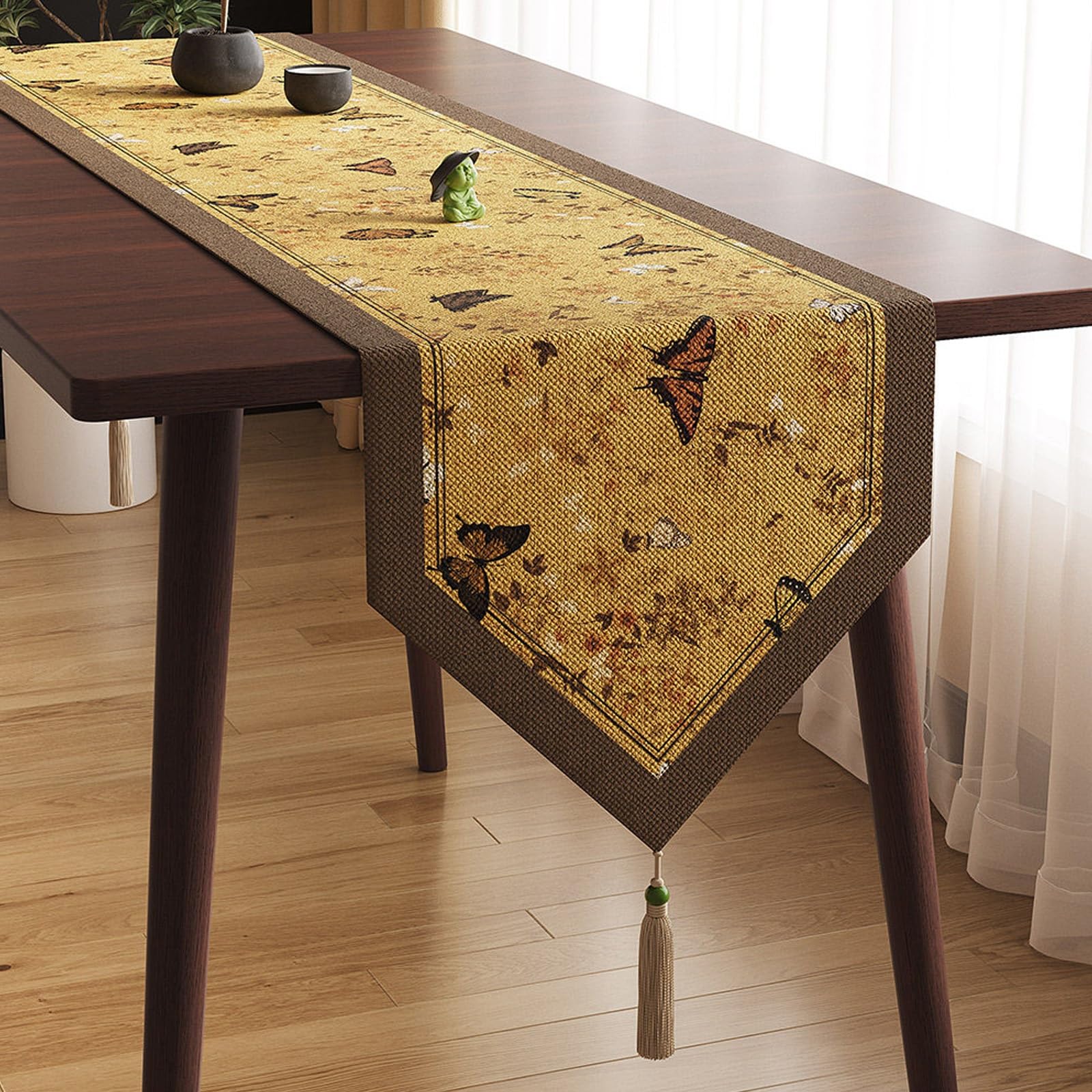 Vintage-Style Chinese Cotton-Linen Table Runner, Waterproof Table Runner with Butterfly Print Decoration for Dining, Coffee and Tea Desks(Brown,200cm/78.7in)