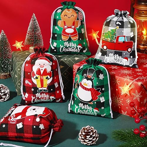 Miniatura 3 de 72 bolsas de arpillera con cordón de Navidad, bolsas de regalo de Navidad a cuadros de búfalo de 5 x 7 pulgadas con etiqueta, bolsas pequeñas de