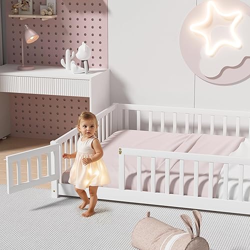 Miniatura 17 de Marco de cama Montessori de madera de tamaño individual con listones de madera, valla y puerta para niños, niñas y niños, espresso (con listones de