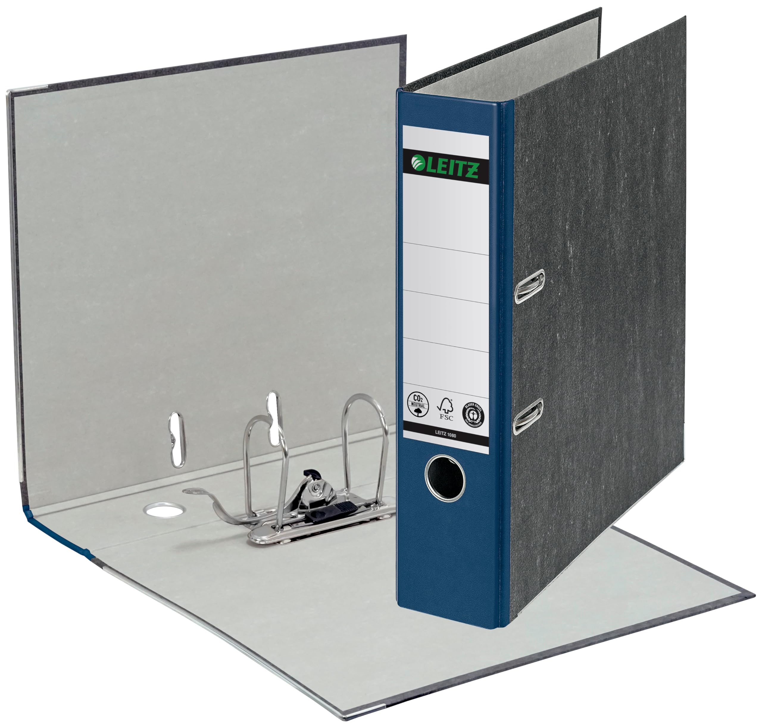 Leitz Qualitäts-Ordner 180°, 20er Pack, A4, klimaneutral, 100% recycelter Karton, 8 cm Rückenbreite, Wolkenmarmor-Papier (Blau)