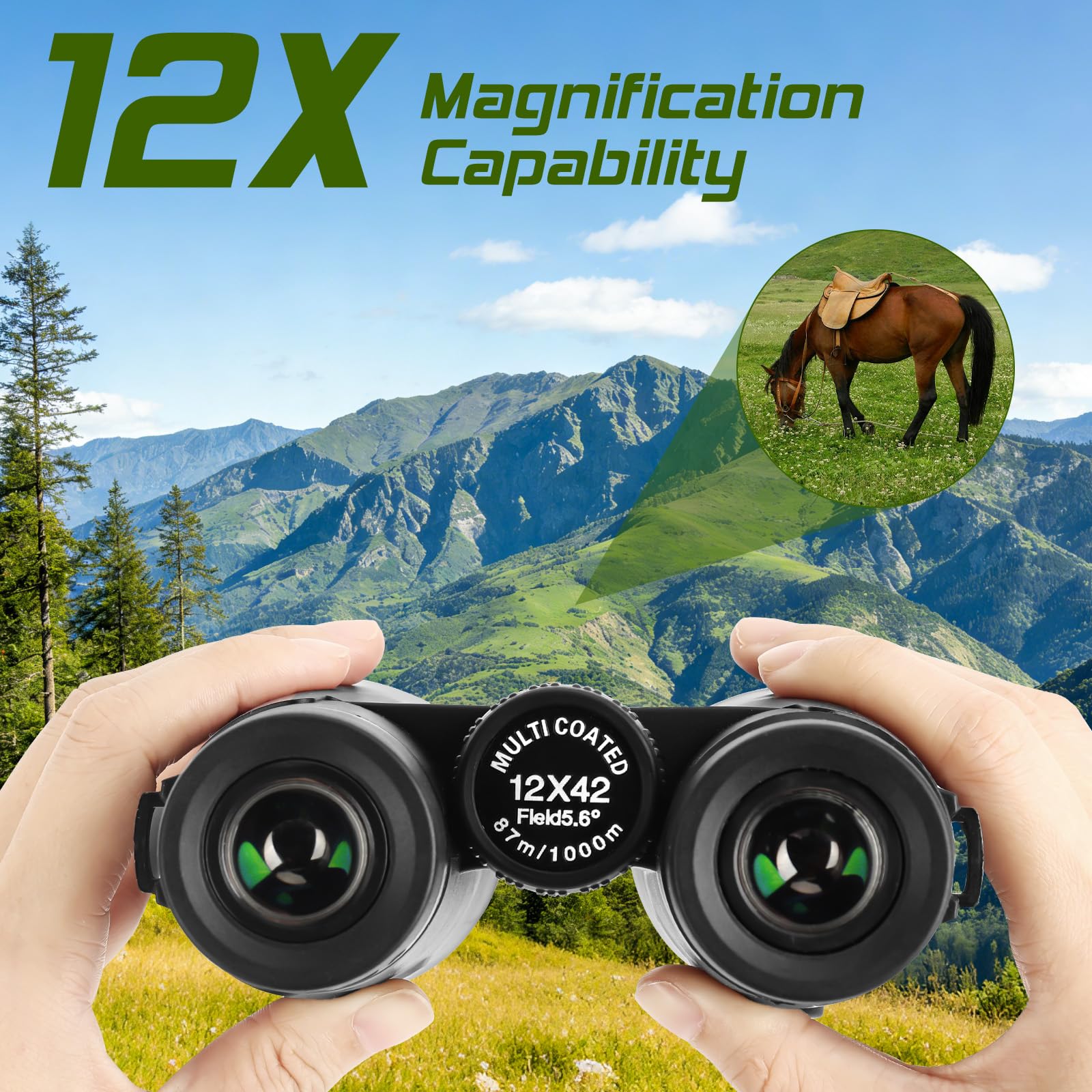 Jumelles Adultes, 12 x 42 Jumelles Étanches HD pour Adultes avec BAK4 Prism, FMC lentille, Portables Télescope pour l'observation des Oiseaux, Football, Randonnée et Les Concerts