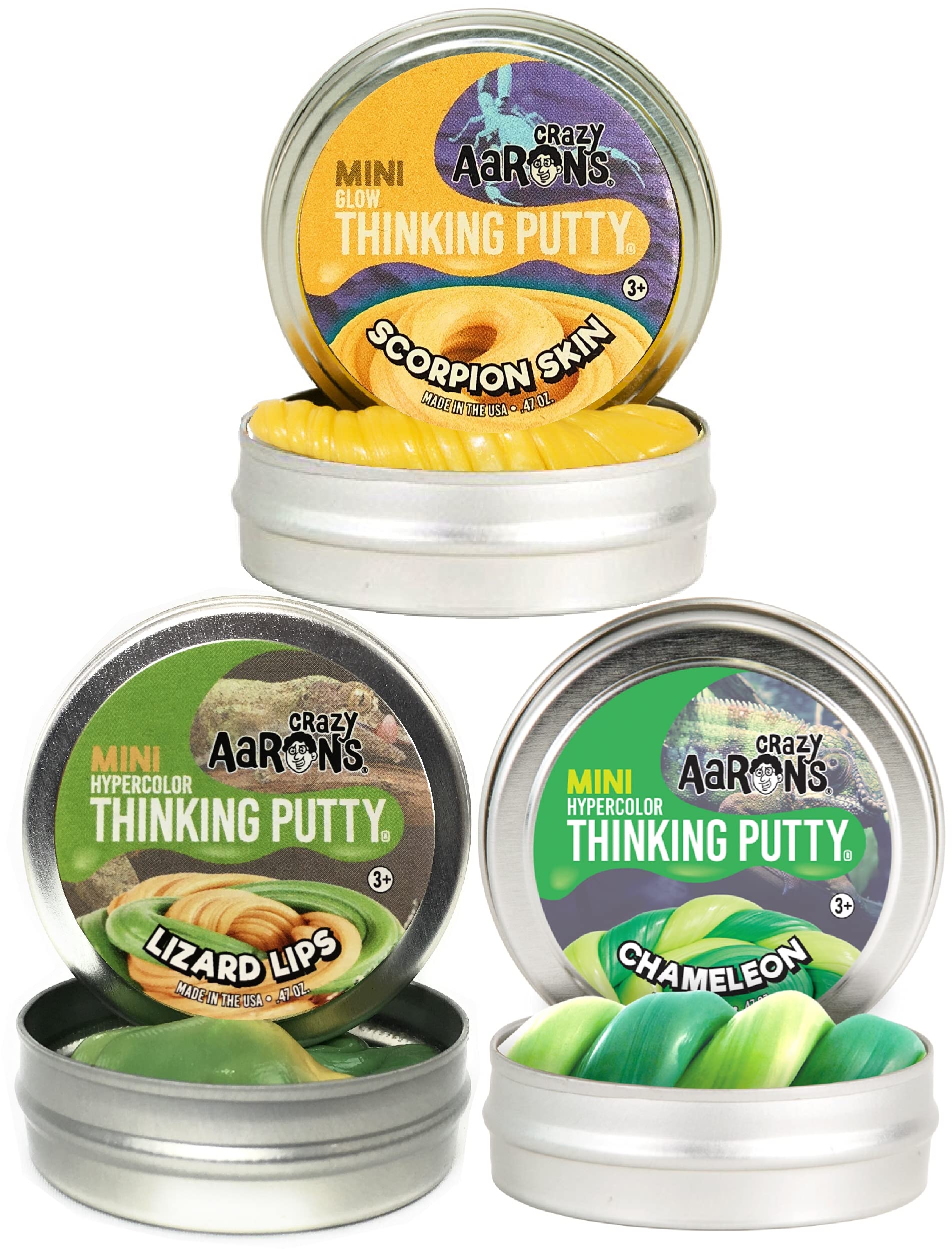 Crazy Aaron's Putty Mini Tins Creature Feature Set with Scorpion Skin, Lizard Lips & Chameleon - 3 Pack (.47oz Each)