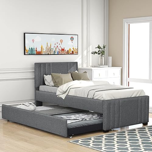 Miniatura 22 de SOFTSEA Cama de plataforma tapizada de tamaño individual con nido, cama nido con cabecera copetuda para niños, adolescentes y adultos, cama tapizada