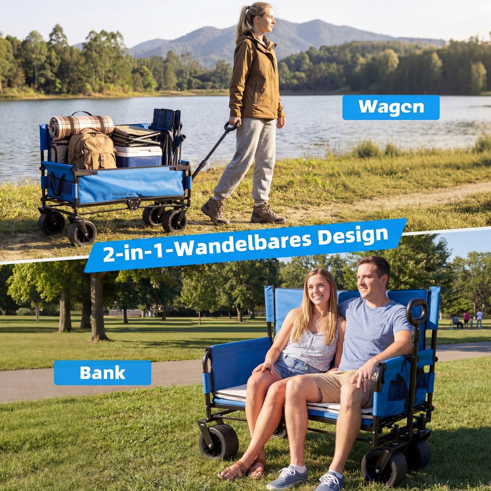 COSTWAY 2 in 1 Bollerwagen faltbar mit Sitzbank, Strandwagen mit verstellbarem Griff, Kissen & Seitentaschen, Handwagen bis 80 kg Belastbar, Gartenwagen Transportwagen für Camping, Einkaufen (Blau)