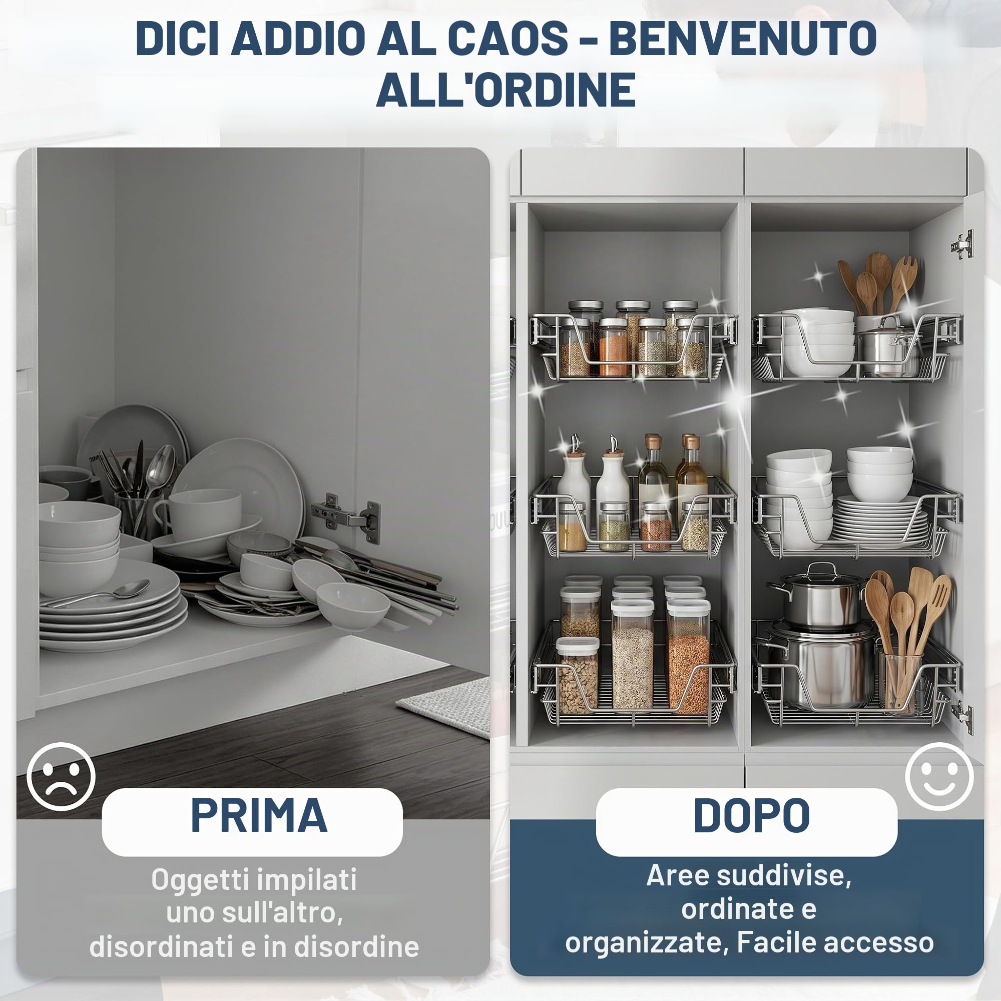 NAIZY 2x Cestello Estraibile 60 cm Cassetto Estraibile Cucina Organizer da cucina Argento in solido acciaio inossidabile Organizer cassetti (larghezza effettiva 57 cm, 2 pezzi)
