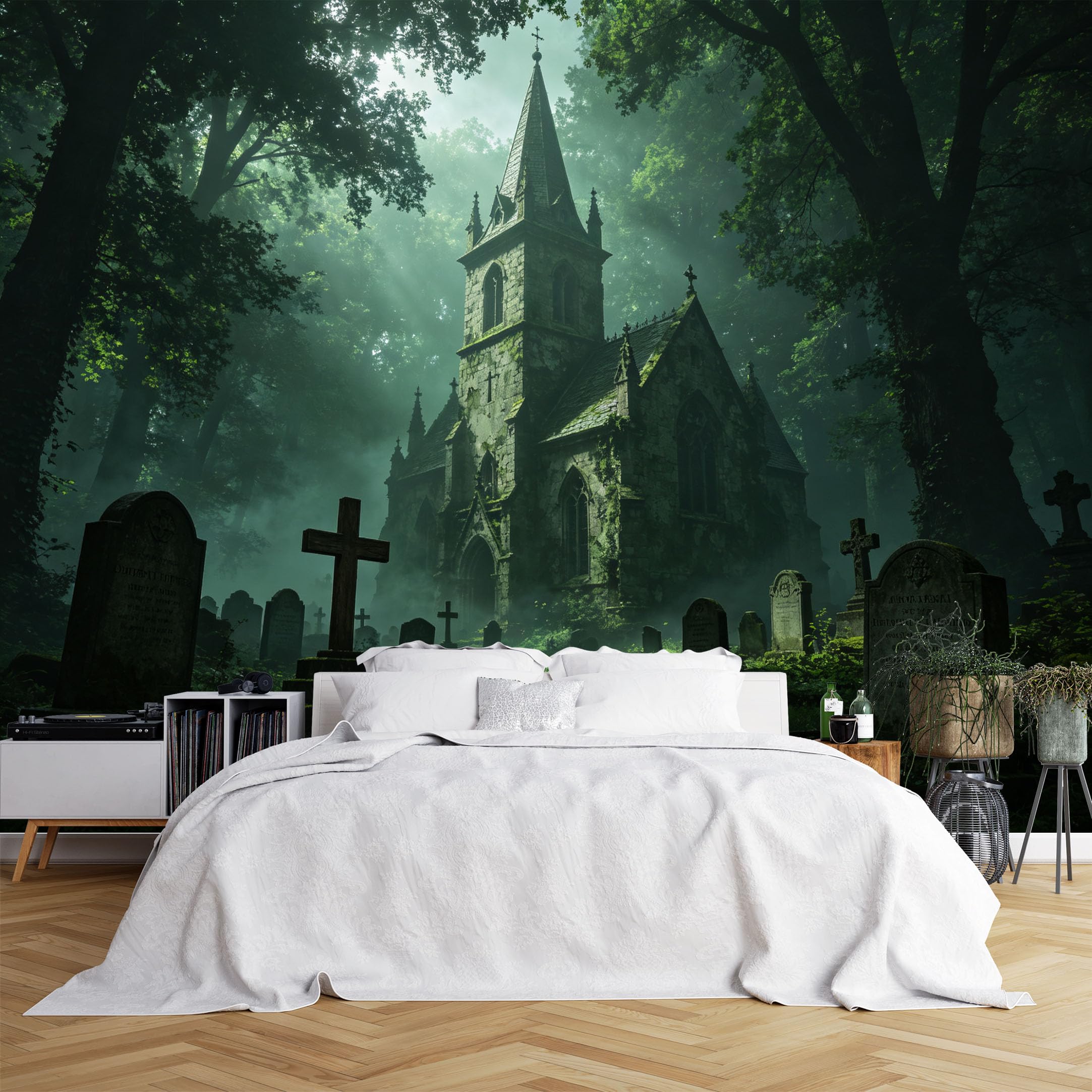 Lcythiazole Ch260615154 Custom Size Wall Murals Misty Forest Old Church Graveyard Wall Murals Dark Gothic Scenery Wallpaper Realistic Self-Adhesive Removable Wallpaper For Bar Basement