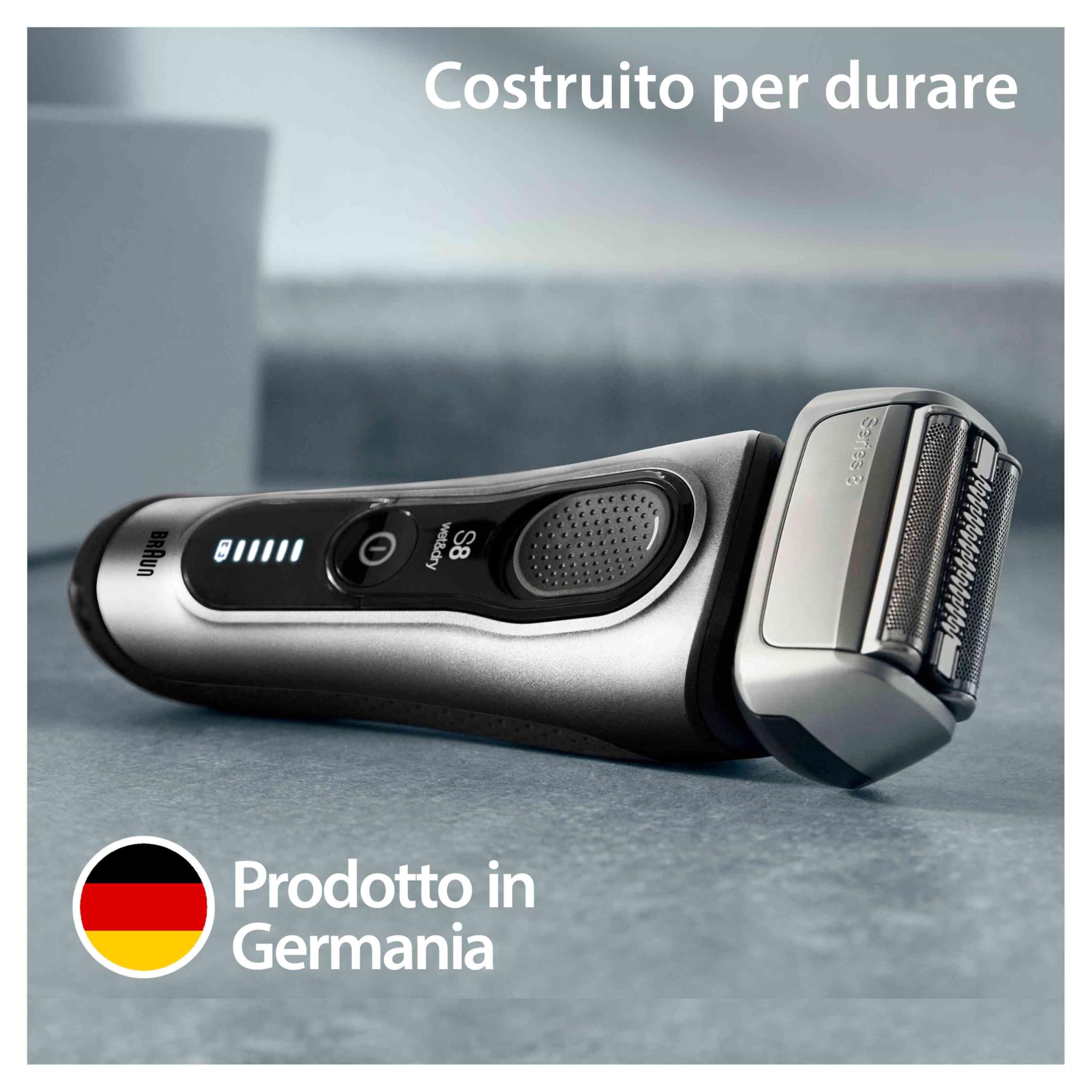 Braun Series 8, Rasoio Elettrico Barba Rifinitore di precisione, Custodia da Viaggio in tessuto, Batteria Litio Ion, 100% Impermeabile Idea Regalo, 8517s Argento