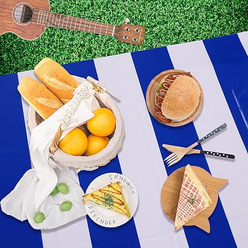 Miniatura 6 de Kesfey Paquete de 3 manteles horizontales a rayas azules y blancas de 54 x 108 pulgadas, manteles de plástico náuticos azules, desechables,