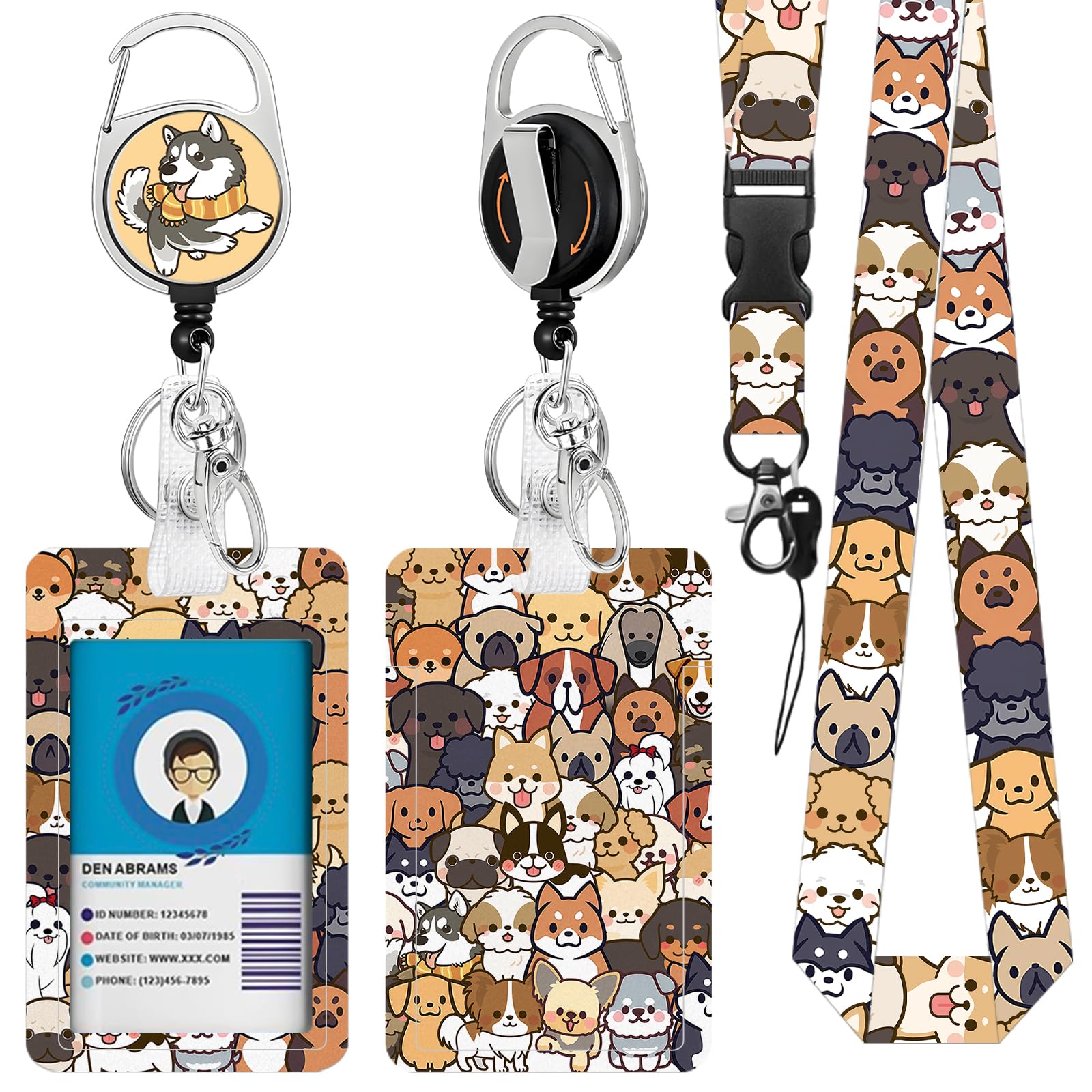 Cute Lanyards for ID Badges, Dog ID Badge Holder with Breakaway Lanyard for Students, Heavy-Duty Retractable Reel Clip Keychain, Animal Identity Card Teacher Doctor Office Gift
