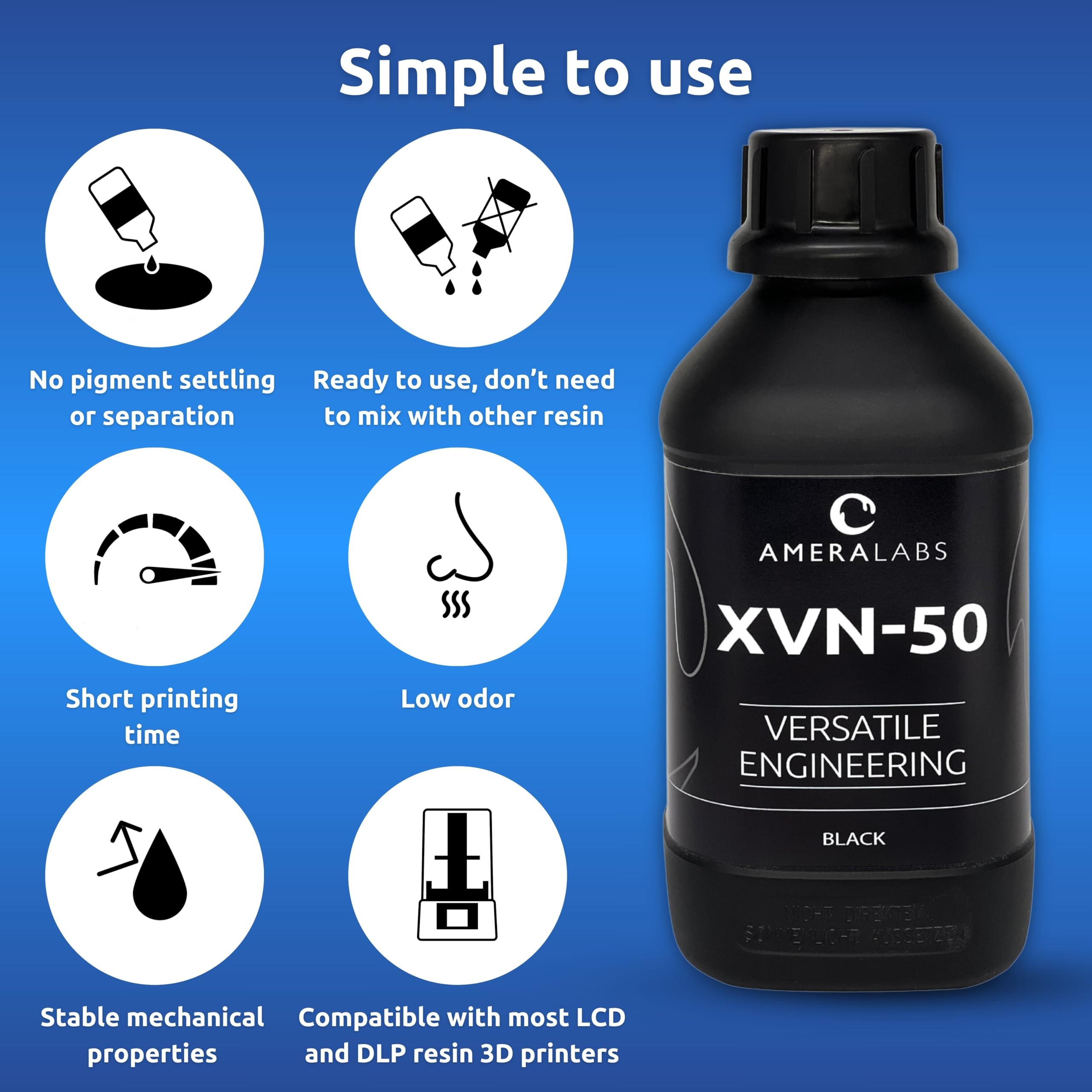 XVN-50 High Presicion, wytrzymała i elastyczna żywica fotopolimerowa do drukarek 3D do prototypowania, inżynierii i funkcjonalnych części. Płyn do drukowania 3D o niskim zapachu do drukarek