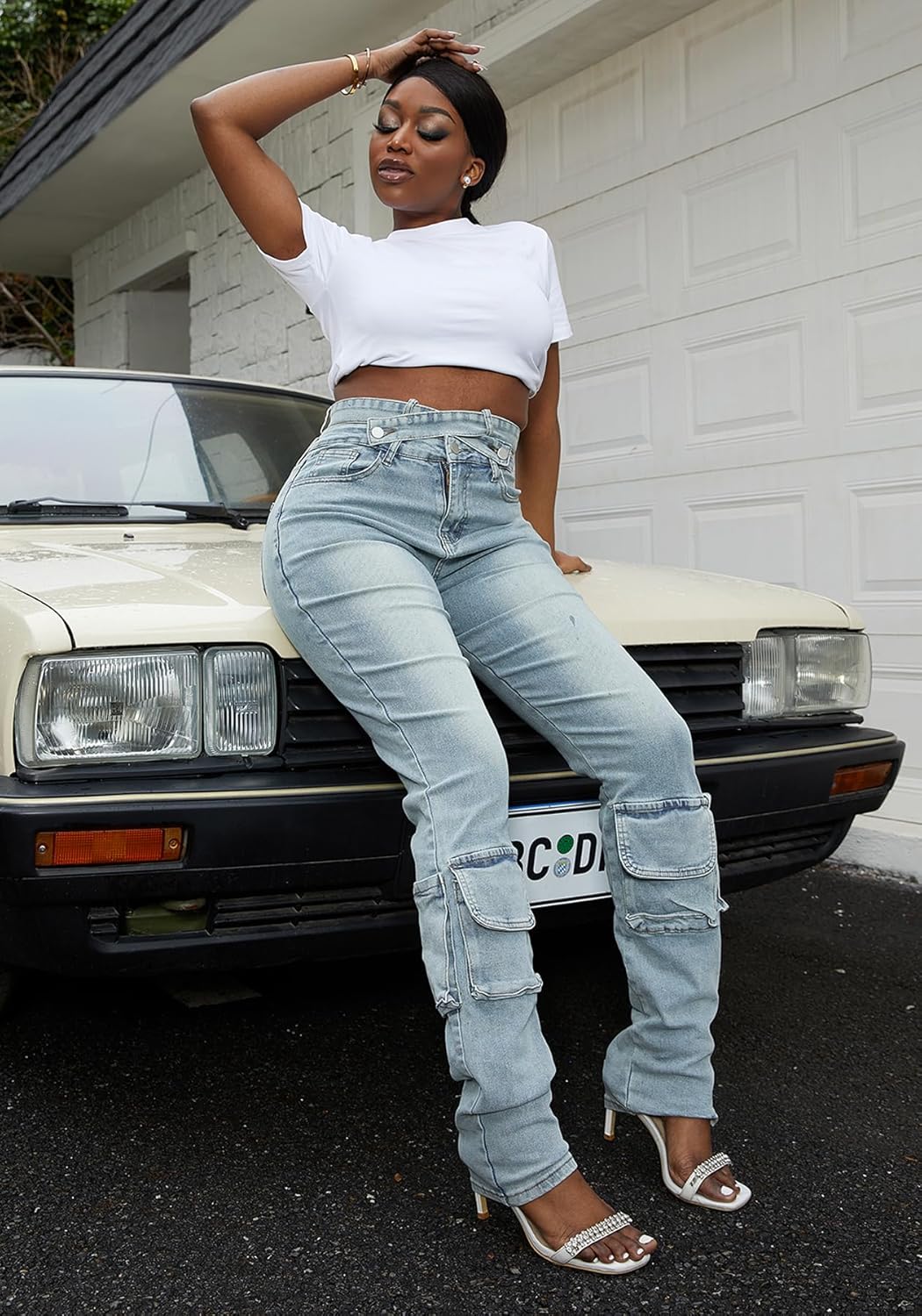 Vakkest Sexy High Waisted Skinny Jeans for Women Bodycon Crossover Stretchy Denim Cargo Pants Streetwear with Pockets - Image 6