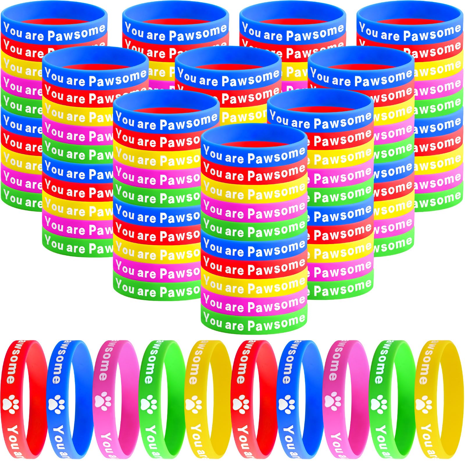 RoundFunny 100 Pieces Paw Print Silicone Bracelets You Are Pawsome Wristband Birthday Favor Puppy Party Supplies Decorations Goodie Bag Stuffers