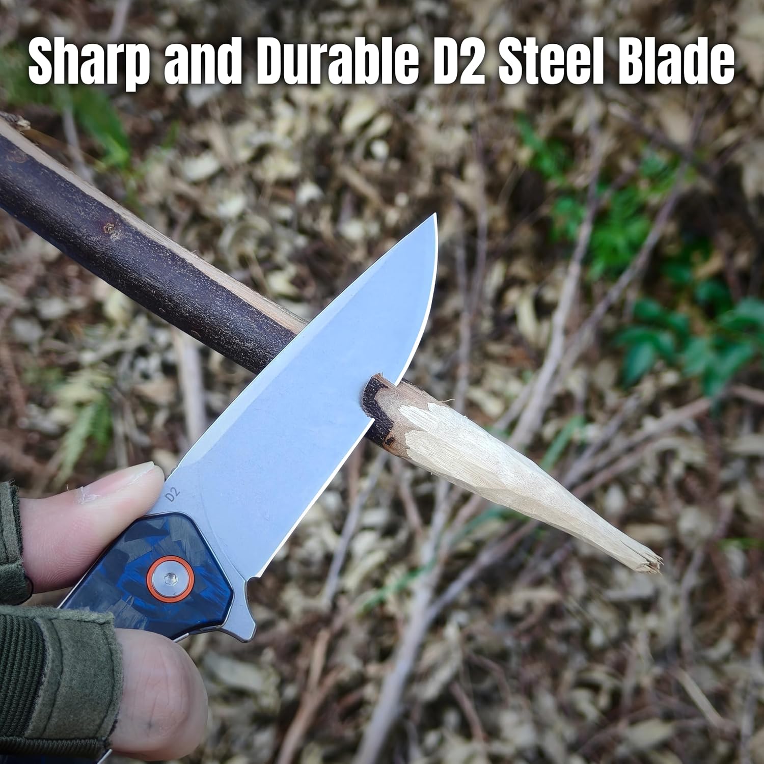 Pocket Folding Knife (EDC) - 3.27" D2 Steel Blade, Carbon Fiber Handle, Stone Washed Finish - With Pocket Clip & Lanyard Hole, Suitable for Men & Women, Ideal for Camping, Survival Adventures, and Hiking (Black & Bule)
