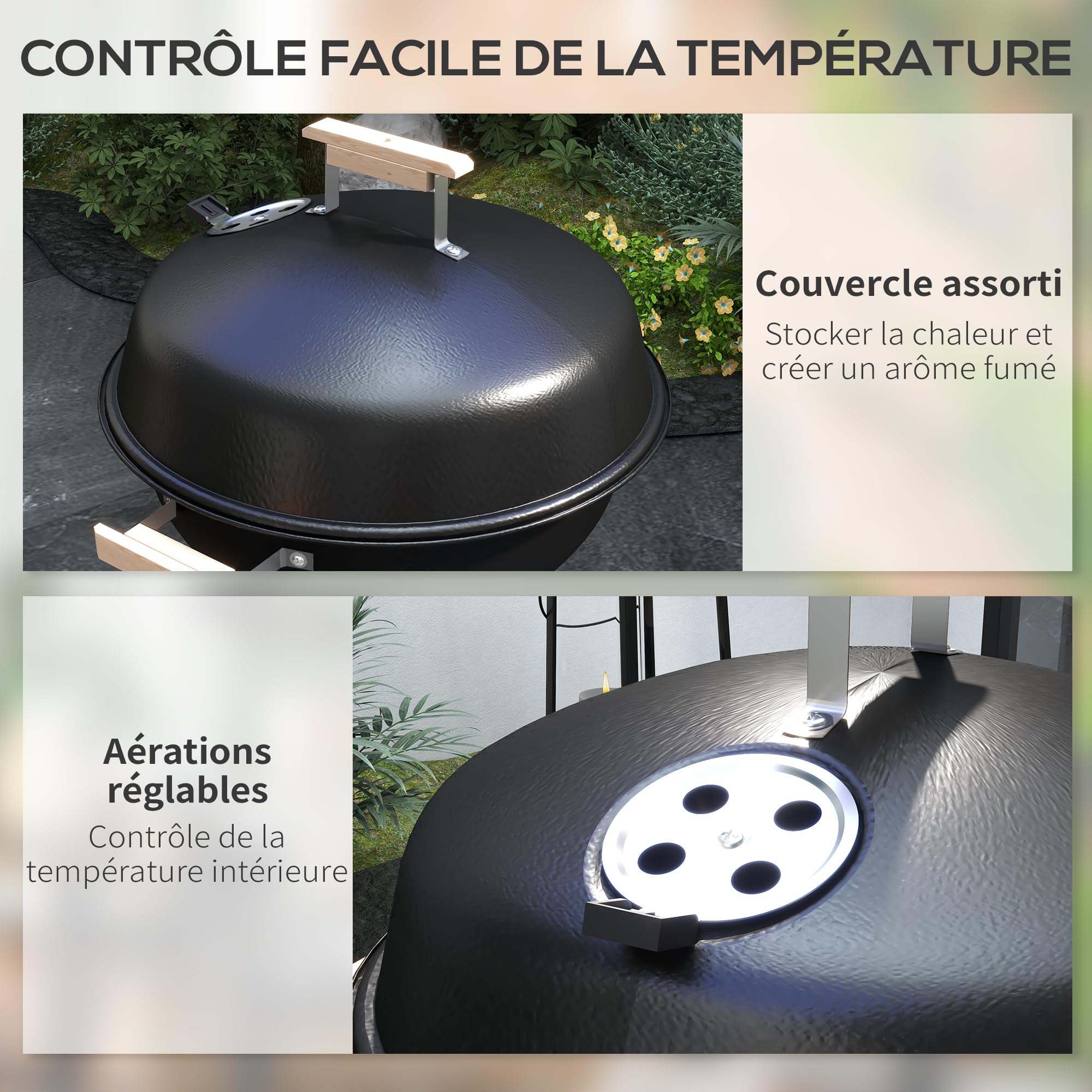 Outsunny Barbecue À Charbon Rond Bois Couvercle Roues 48x56x94 cm Noir