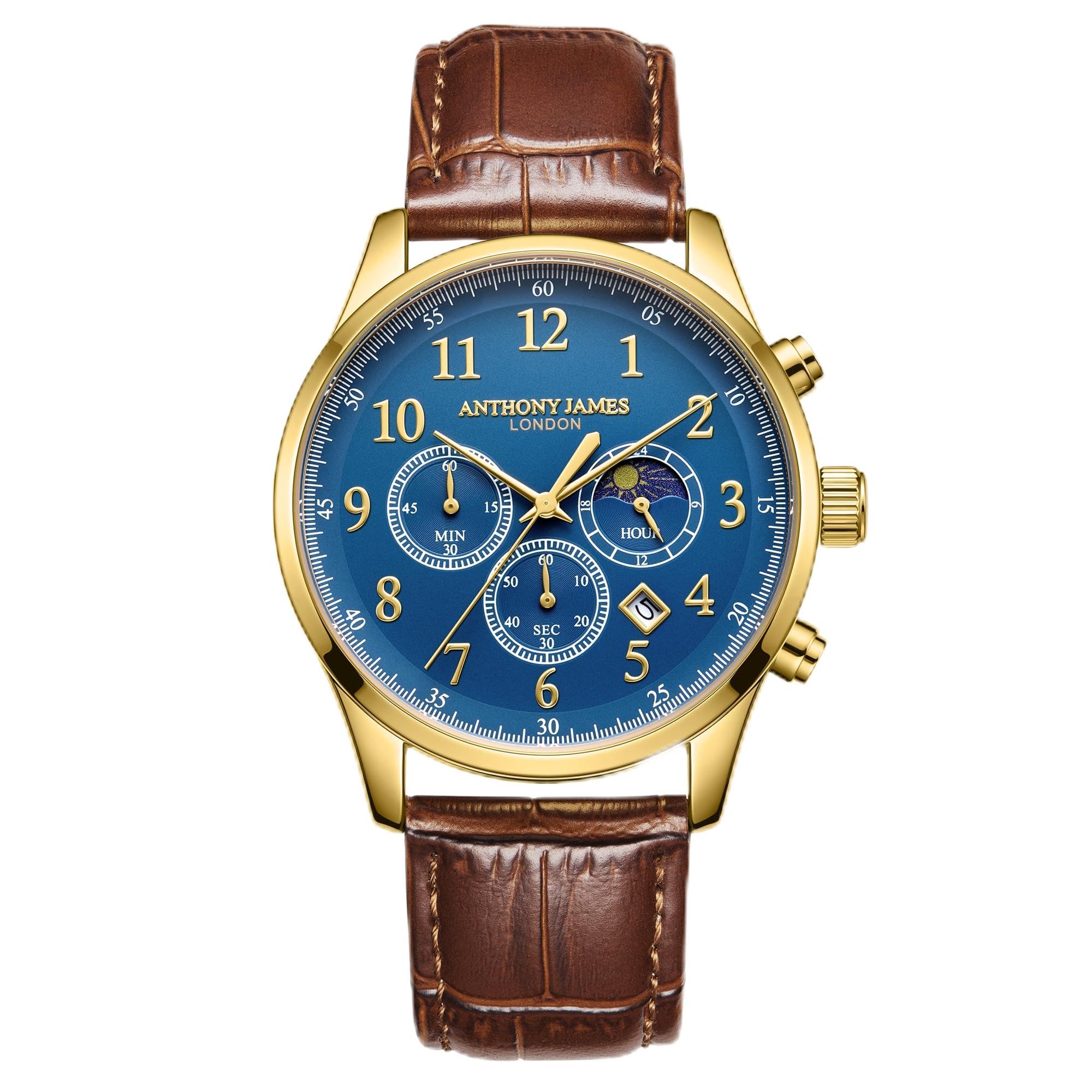 Anthony James Orologio da polso automatico da uomo con fasi lunari, retro in acciaio inox, analogico, cinturino in pelle, cronografo, assemblato a mano, resistente all'acqua e ai graffi
