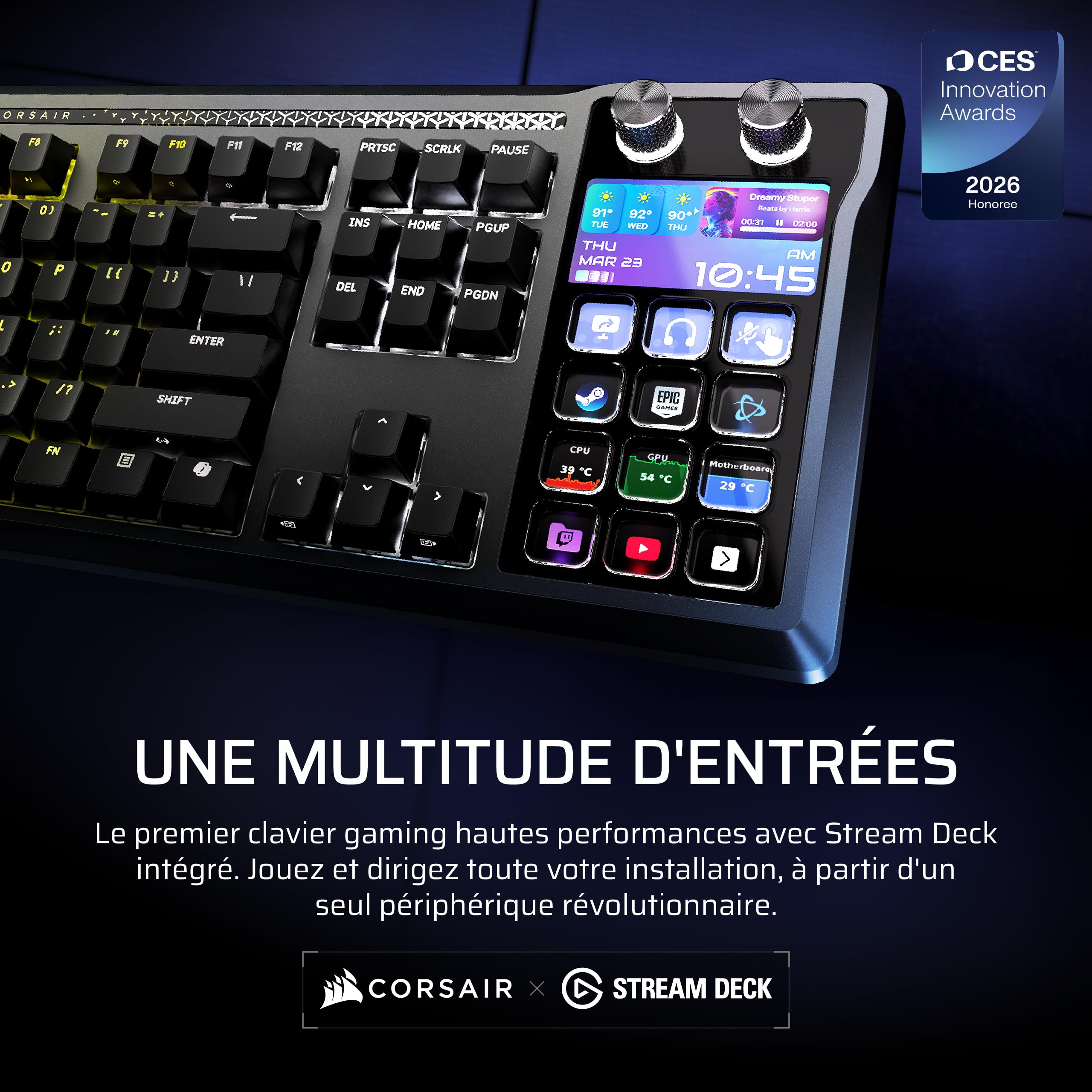 Corsair Galleon 100 SD Clavier Mécanique Filaire (AZERTY FR) – Noir | Elgato Stream Deck Intégré, Commutateurs MLX Pulse Thocky Pré-Lubrifiés et Remplaçables à Chaud, FlashTap SOCD, 8000 Hz