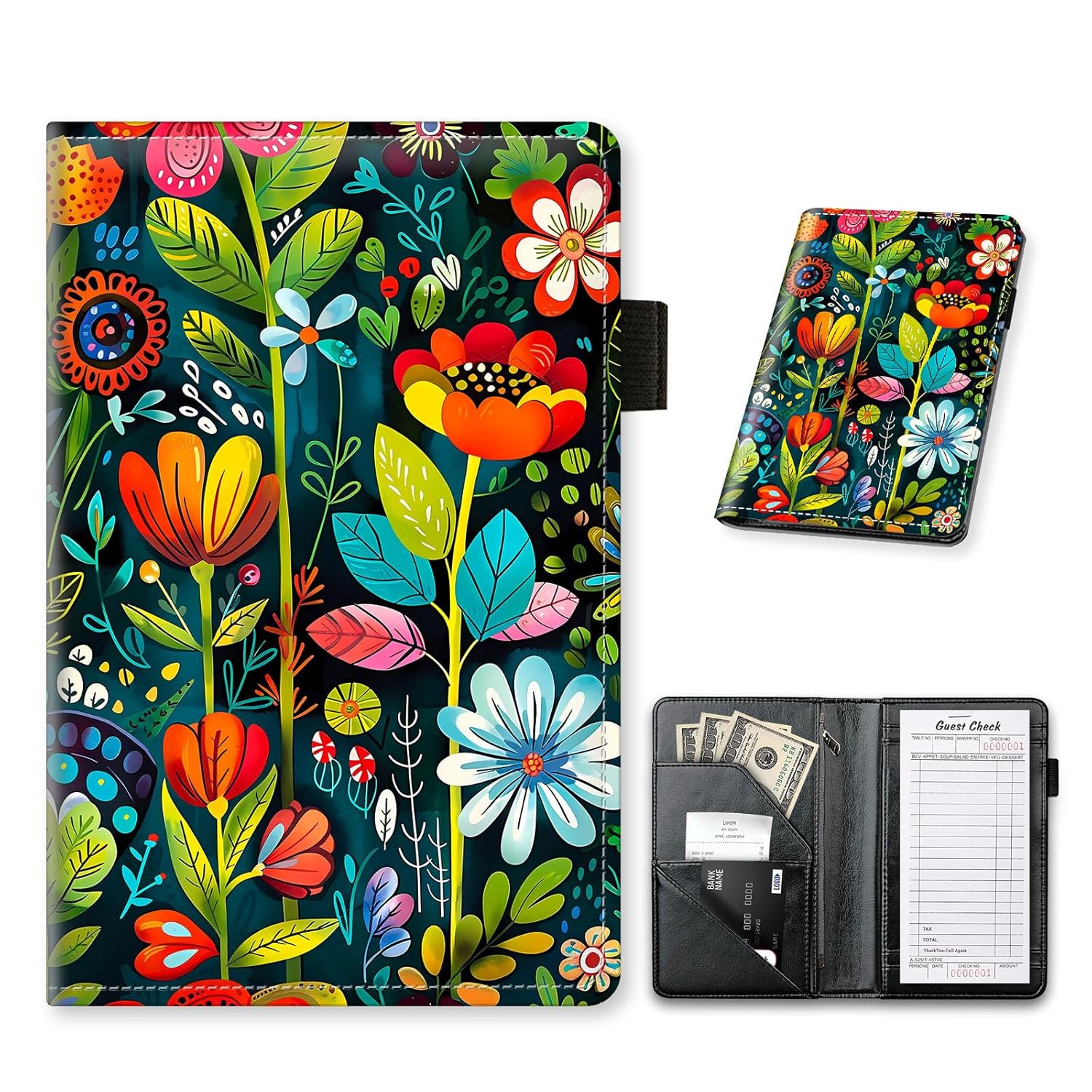 Server Books for Waitress with Zipper Pocket - PU Leather 8-Pocket Organizer (Checks/Cash/Cards), Botanical Bloom Floral Design | 5x8" Waitress Accessories for Hospitality Industry
