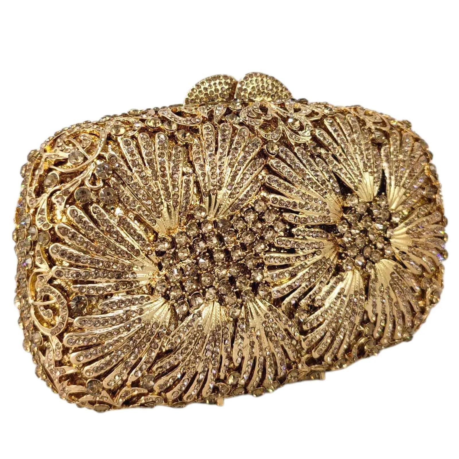 Borsa a mano da donna con fiori e cristalli, minaudière dorata, borse sera strass for matrimoni feste Per Sposa, Ballo, Cocktail, Festa