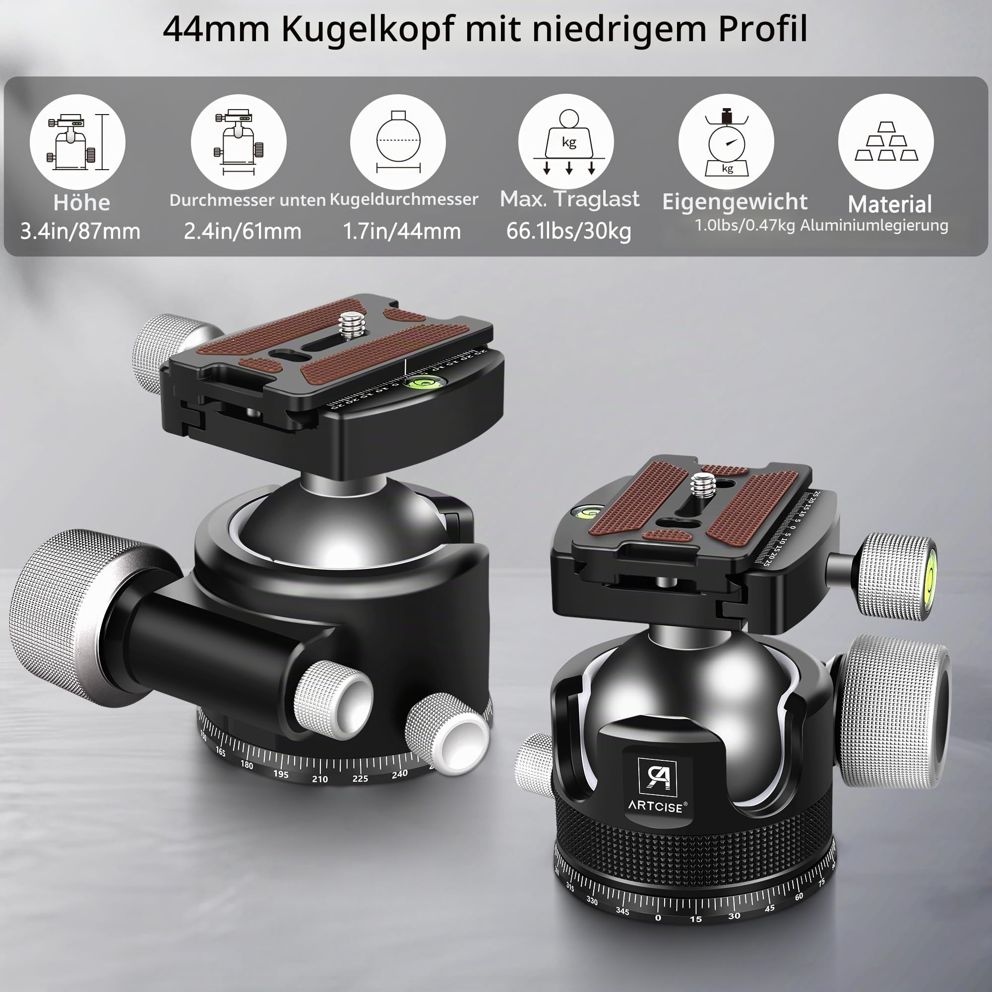 Low Profile Kugelkopf, ARTCISE KB44 Heavy Duty Stativkopf aus Vollmetall mit DREI 1/4" Schnellwechselplatten für Stativ, Einbeinstativ, DSLR, Camcorder, maximale Belastung 30 kg.