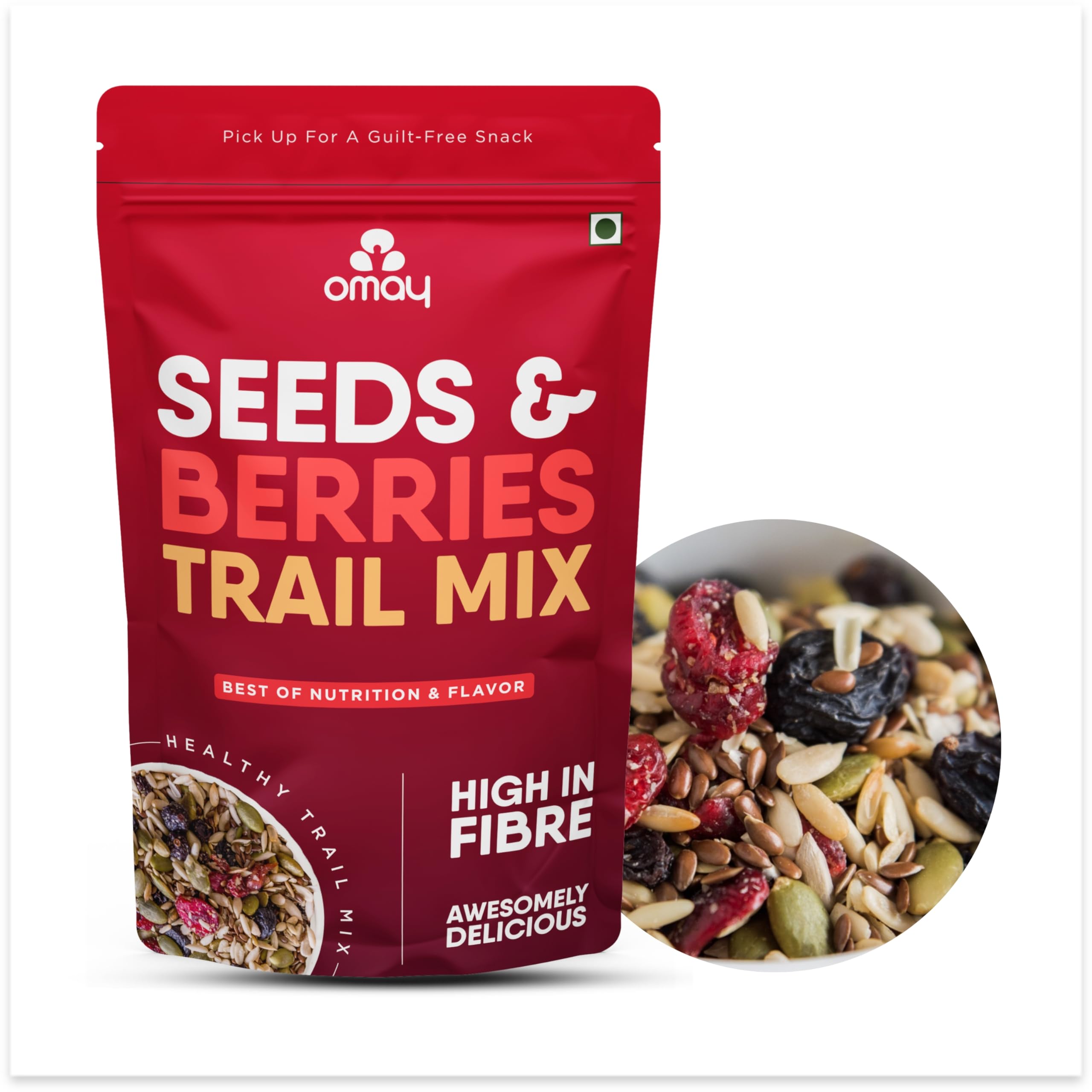 Omay Foods Seeds & Berries Mix, 400g Pouch | Trail Mix | Roasted Seeds, Dried Berries | Antioxidants, Omega-3 & Fibre | No Added Sugar | Oil-Free | Healthy Snack for Weight Loss