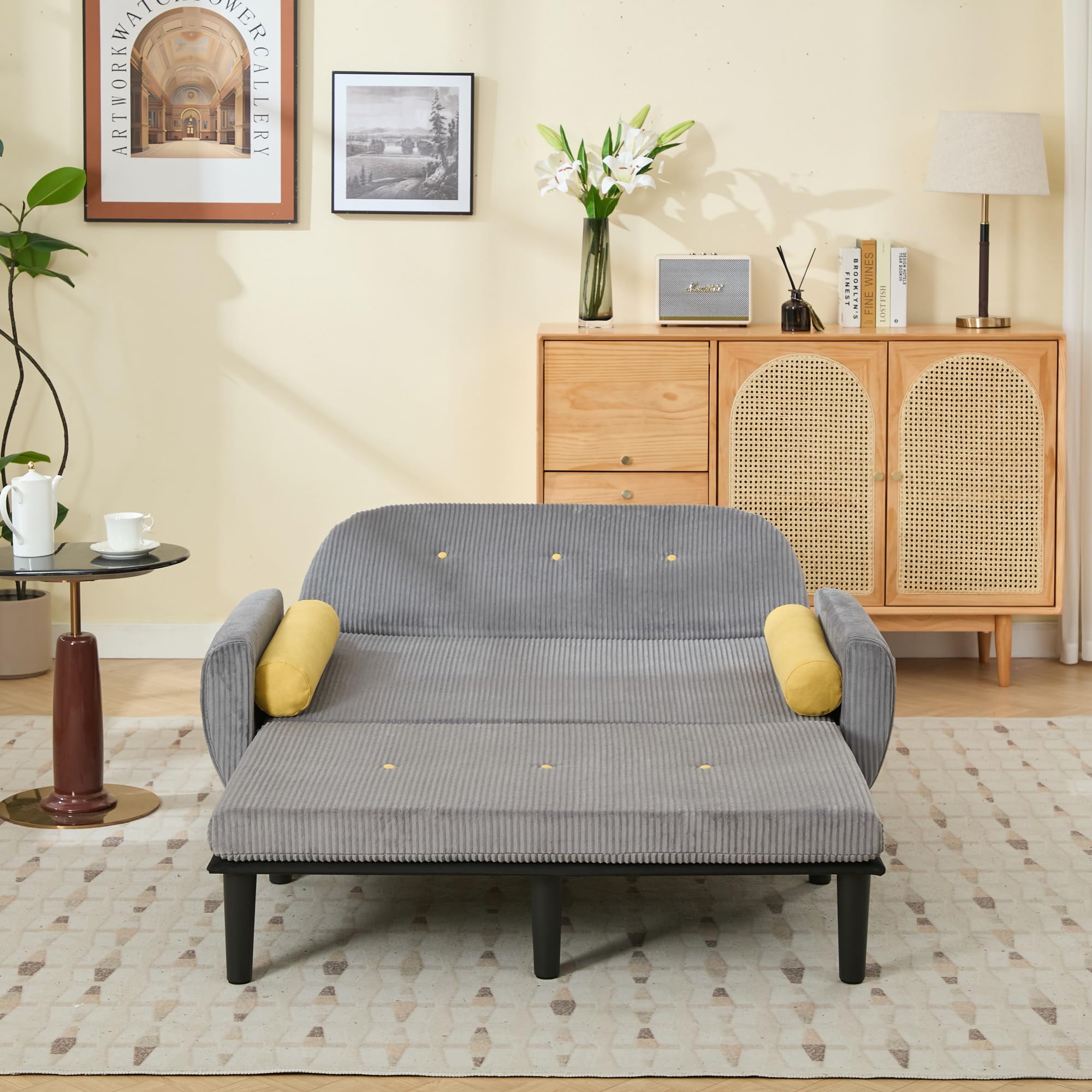 Sofa mit Schlaffunktion, Schlafsofa Klein, Cord Sofa 2 Sitzer, Kann als Sofa, Bett und Liegestuhl, Samtpolsterung für Wohnzimmer und Schlafzimmer, 180 * 128 * 53cm (Grau)