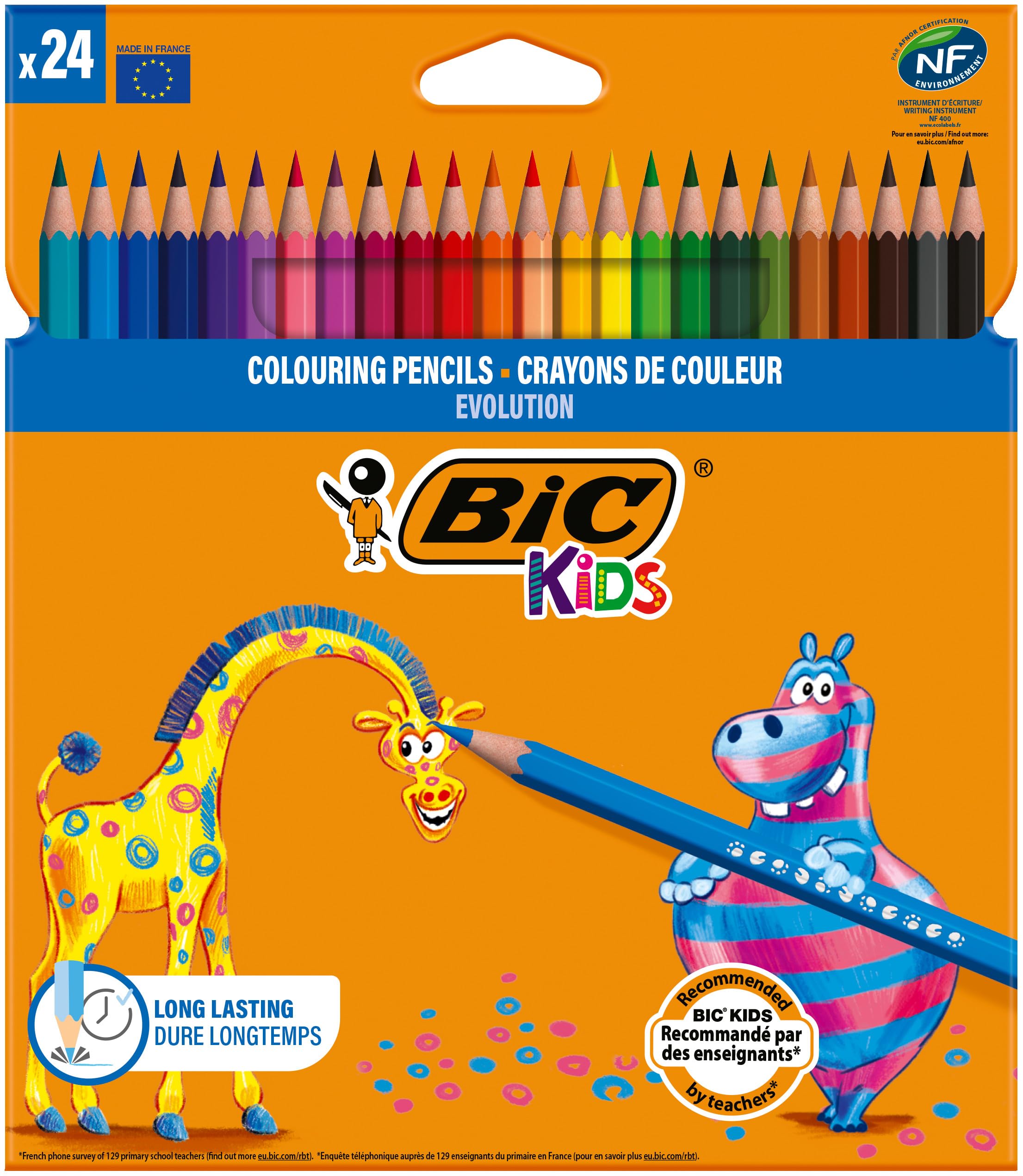 Bic Kids Evolution Ecolutions Matite Colorate in Resina senza Legno Confezione da 24 Matite Colori Assortiti