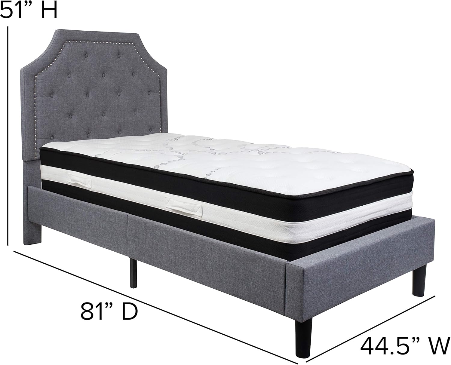 Flash Furniture Brighton Twin Size Tufted Upholstered Platform Bed in Light Gray Fabric with Pocket Spring Mattress