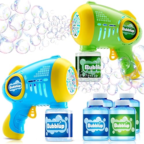 JOYIN Paquete de 2 pistolas de burbujas iluminadas con 4 botellas de solución de recarga de burbujas, máquina automática de 10 agujeros para niños,