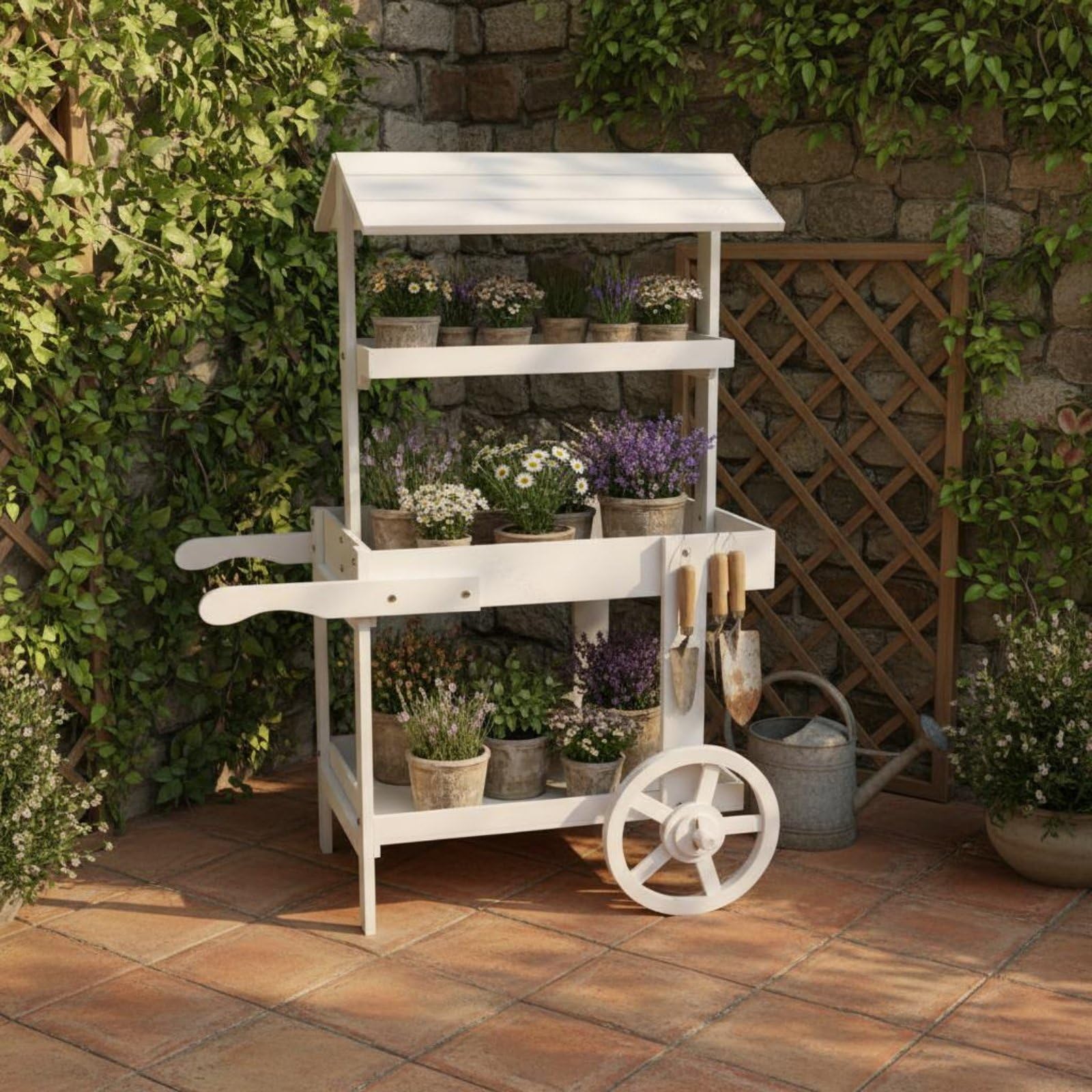 Carrello Floreale Rustico Multilivello Carretto Mercato con Ruote Robusto Banco Mercato in Legno per Fioristi, Vetrina, Negozio, 85 50 125CM, Bianco