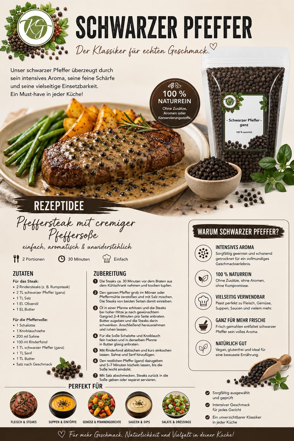 K T 1000 g / 1 Kg Pfeffer schwarz ganz schwarze Pfefferkörner ganz - Perfekt für Mühle & Mörser