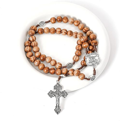 Miniatura 4 de Nazareth Store Rosario de cuentas de madera de San Miguel Sagrado Coronilla de oración de madera maciza con cruz de San Miguel y crucifijo de perdón