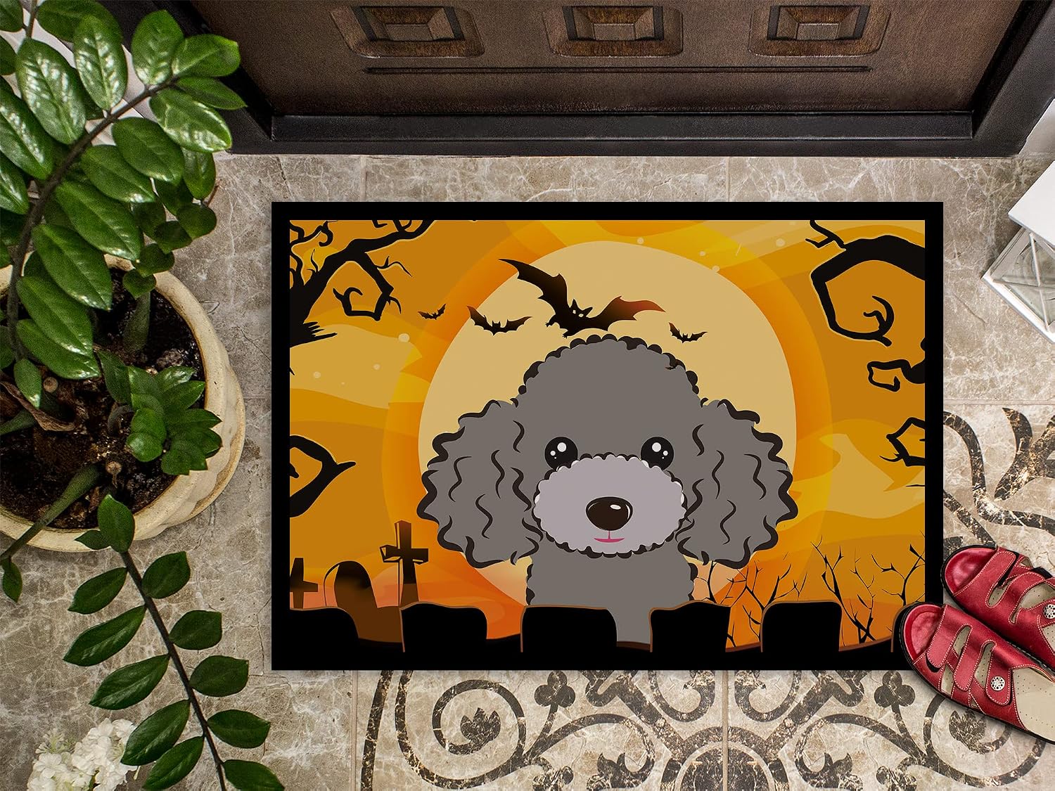 Caroline's Treasures BB1817JMAT Halloween Silver Gray Poodle Doormat 24x36 Front Door Mat Indoor Outdoor Rugs for Entryway, Non Slip Washable Low Pile, 24H X 36W