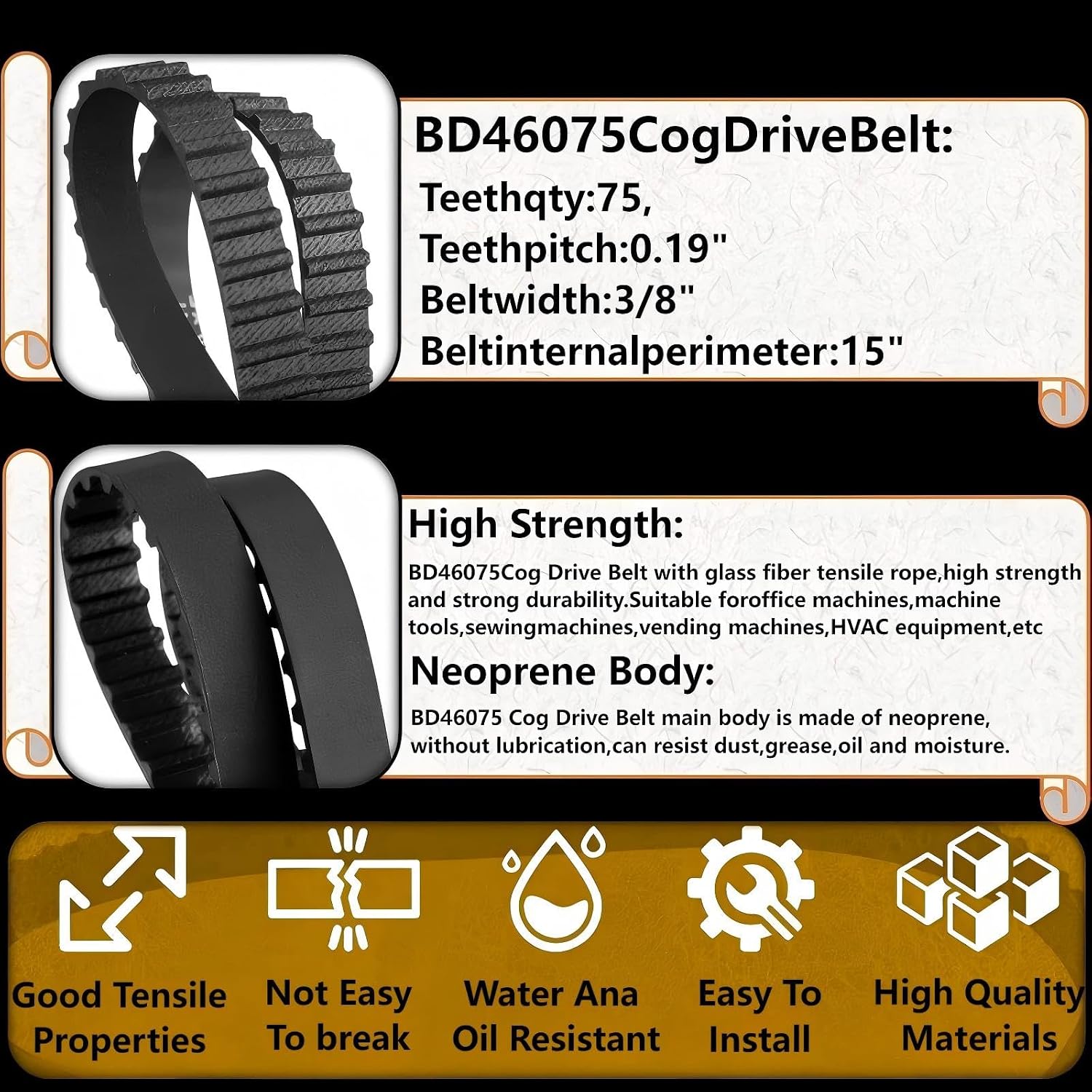 Cog Drive Belt BD4600 BD4601 BD4601G Fits Disc sander Replacement Compatibl BD46075 (2 Pack)